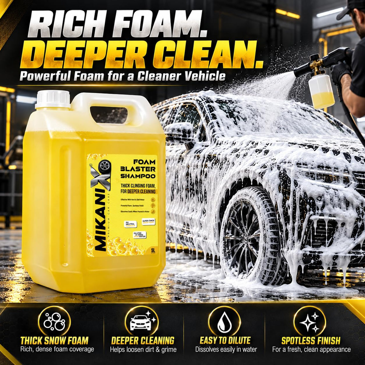 MIKANIX Car Wash Foam Blaster Concentrated Shampoo with Ceramic Shine | High Foam Car Wash Liquid for Cars & Bikes | Car Cleaning Shampoo ( 5 LTR )