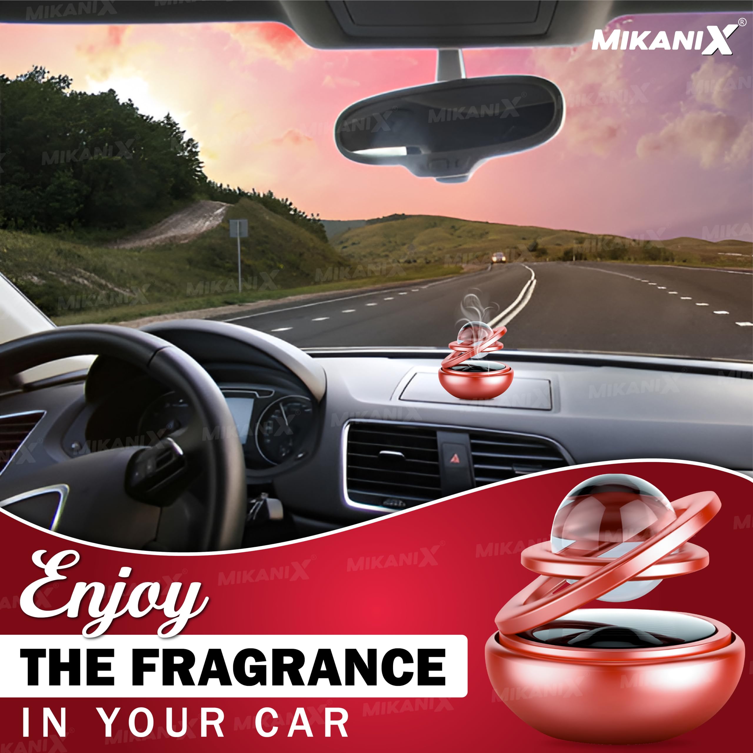 Mikanix Solar Energy Rotating Car Dashboard Air Freshener/Perfume Diffuser/Dispenser | Alloy Body & Crystal Design With Perfume Liquid For Car Interior & Home Air Freshener (Red), Pack Of 1