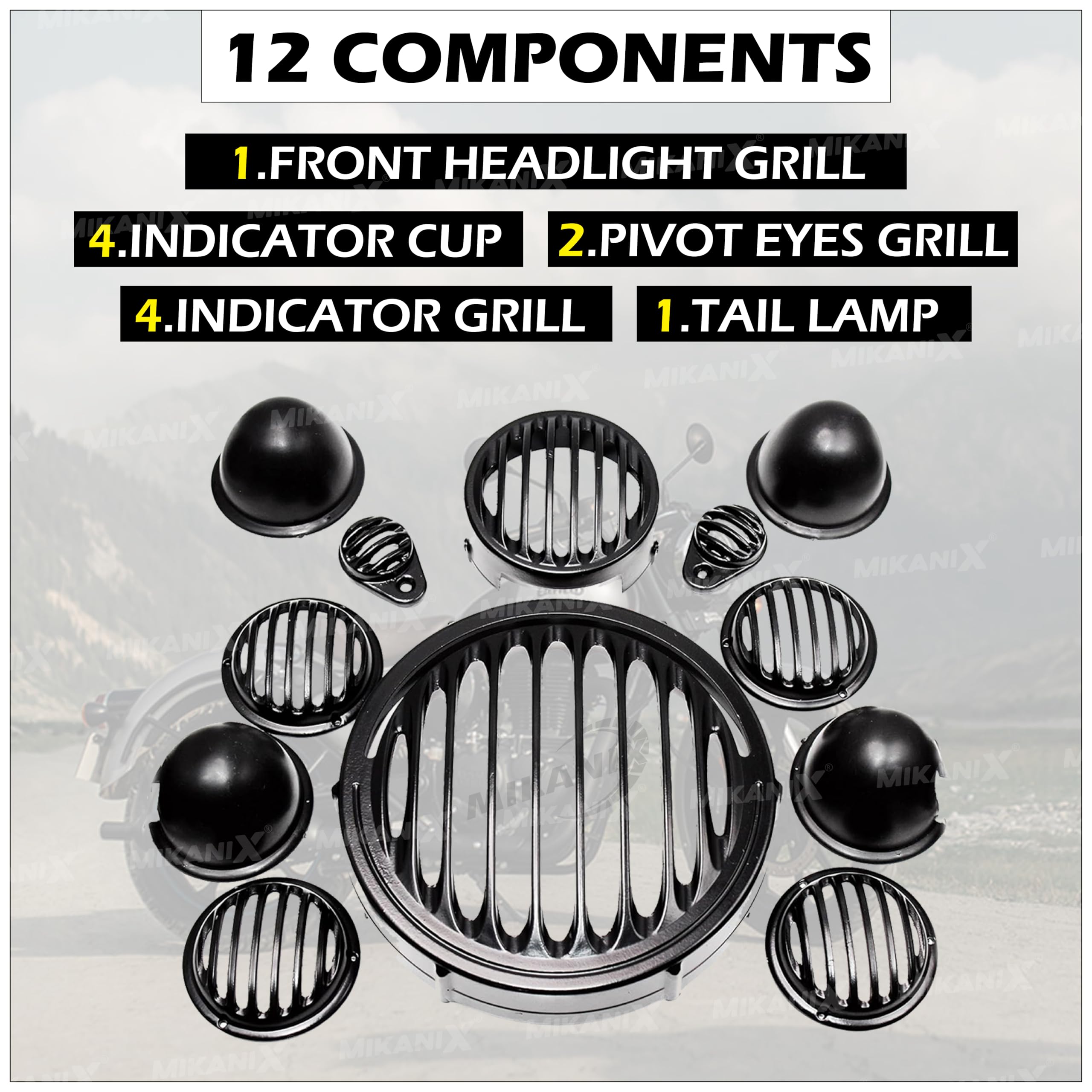 MIKANIX Premium CNC Metal Front Rear Headlight Grill | Jali Cover Set with Tail Lamp, Indicator, Pivot Eyes Cup Compatible Only for RE Classic 350 Legend Reborn