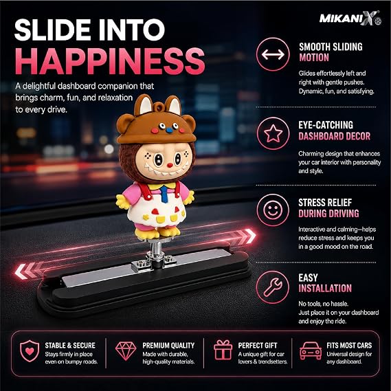 MIKANIX Auto Sliding Car Dashboard Decoration Cute Anime Pooh Character Moving Ornament Interior Accessory