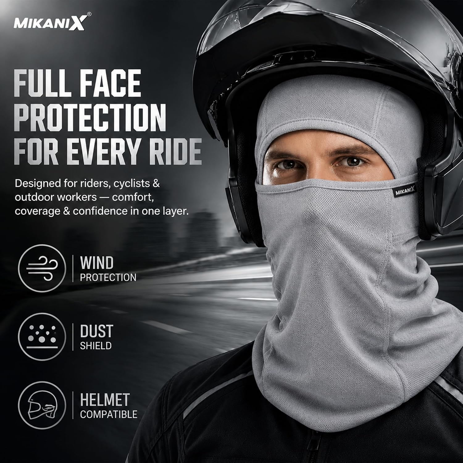MIKANIX Full Face Balaclava Mask for Men & Women | Breathable Bike Riding Face Mask | Dust, Wind & Sun for Motorcycle, Cycling & Outdoor Sports (GREY)