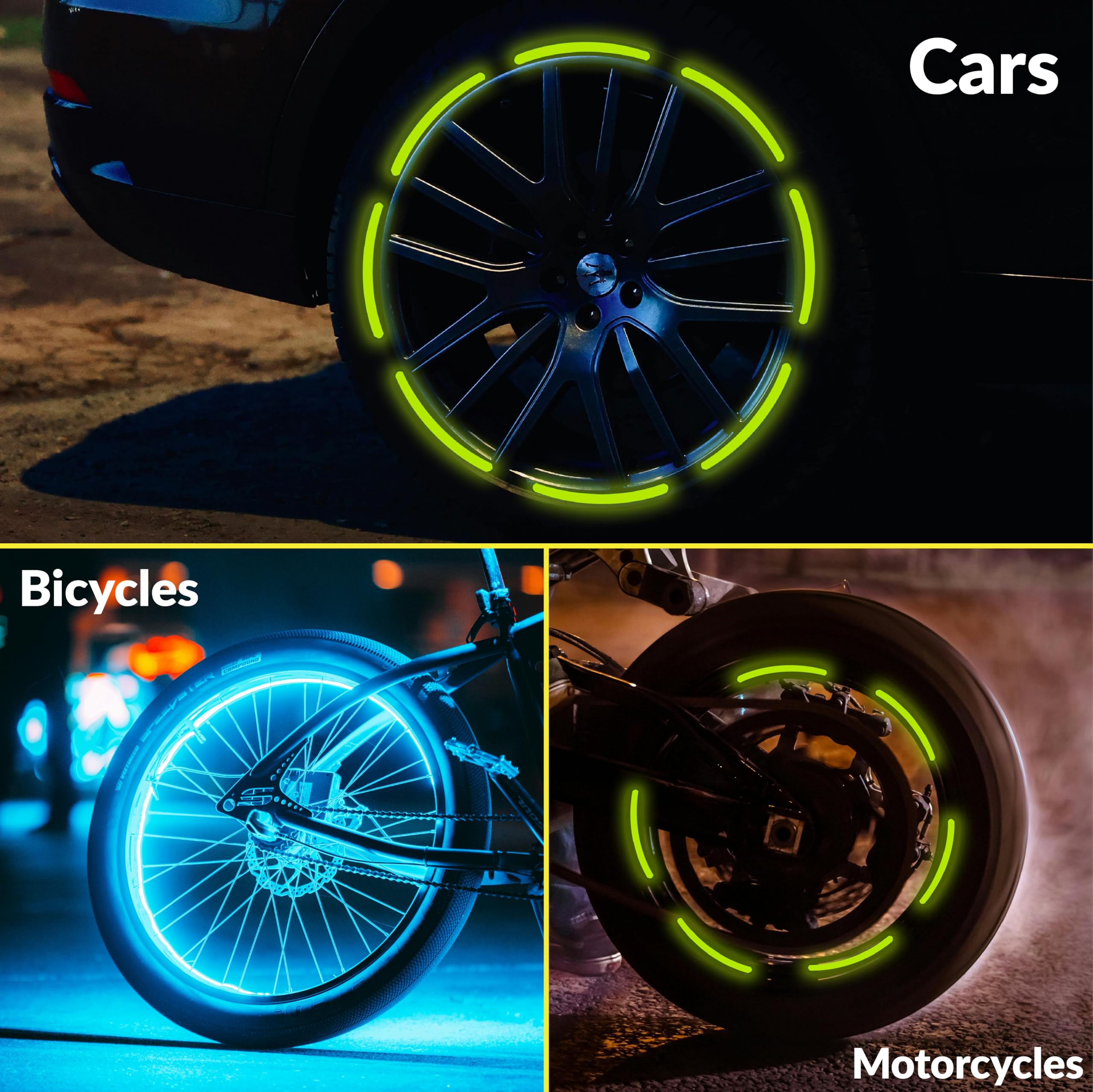 MIKANIX 20pcs Reflective Rim Tape Stickers for Car & Bike Wheels I Multicolor Tyre Strips for Night Visibility Waterproof Glow in Dark Wheel Decals – Universal Fit for Rims, Tyres, Spokes