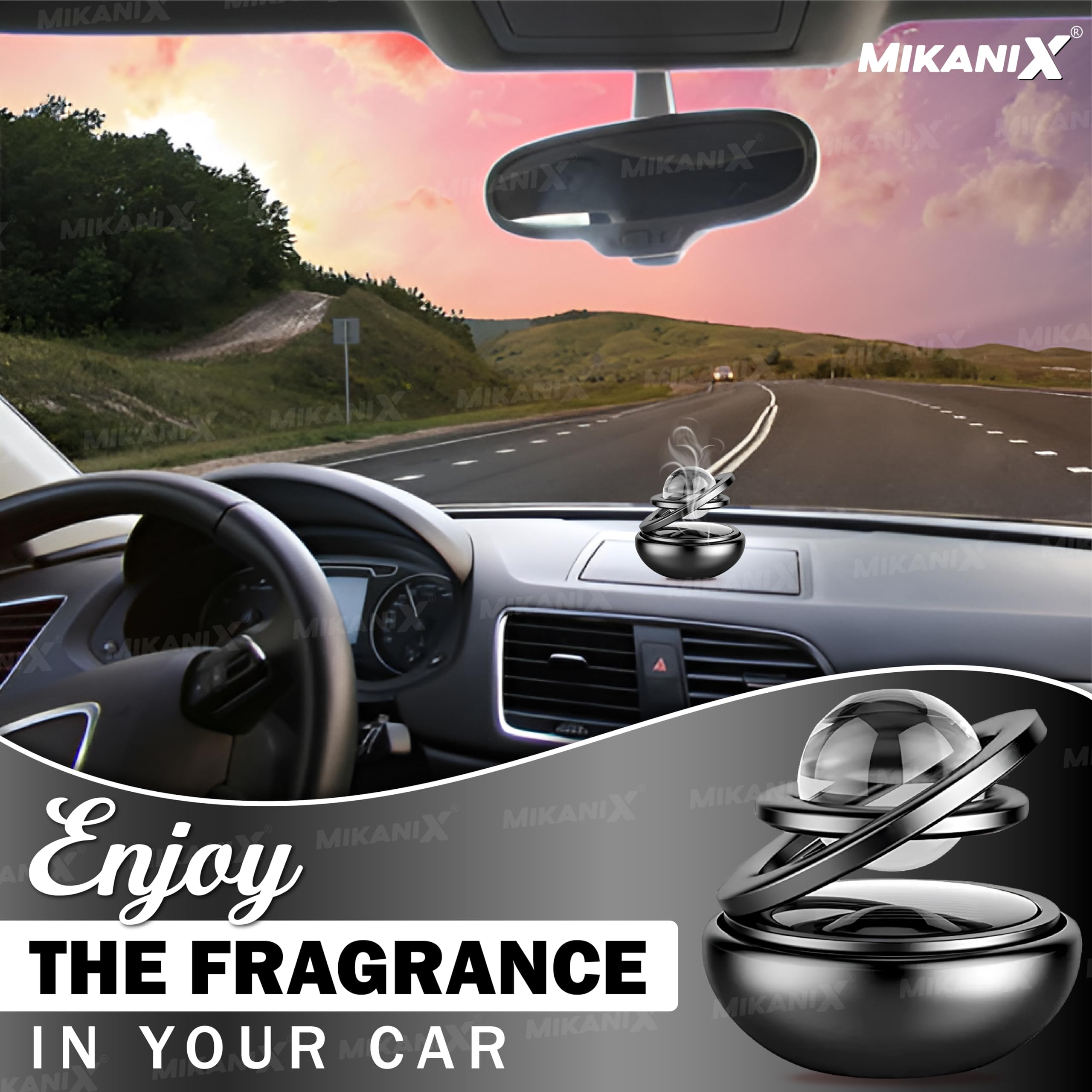 Mikanix Solar Energy Rotating Car Dashboard Air Freshener/Perfume Diffuser/Dispenser | Alloy Body & Crystal Design With Perfume Liquid For Car Interior & Home Air Freshener (Black), Pack Of 1