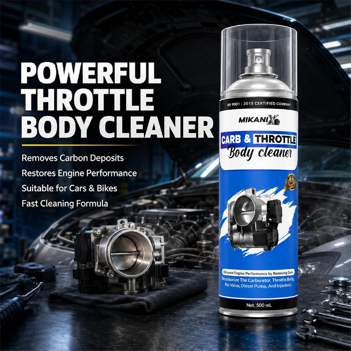 MIKANIX Throttle Body Cleaner Spray 500ml with cloth | High Performance Engine Cleaner for Bikes