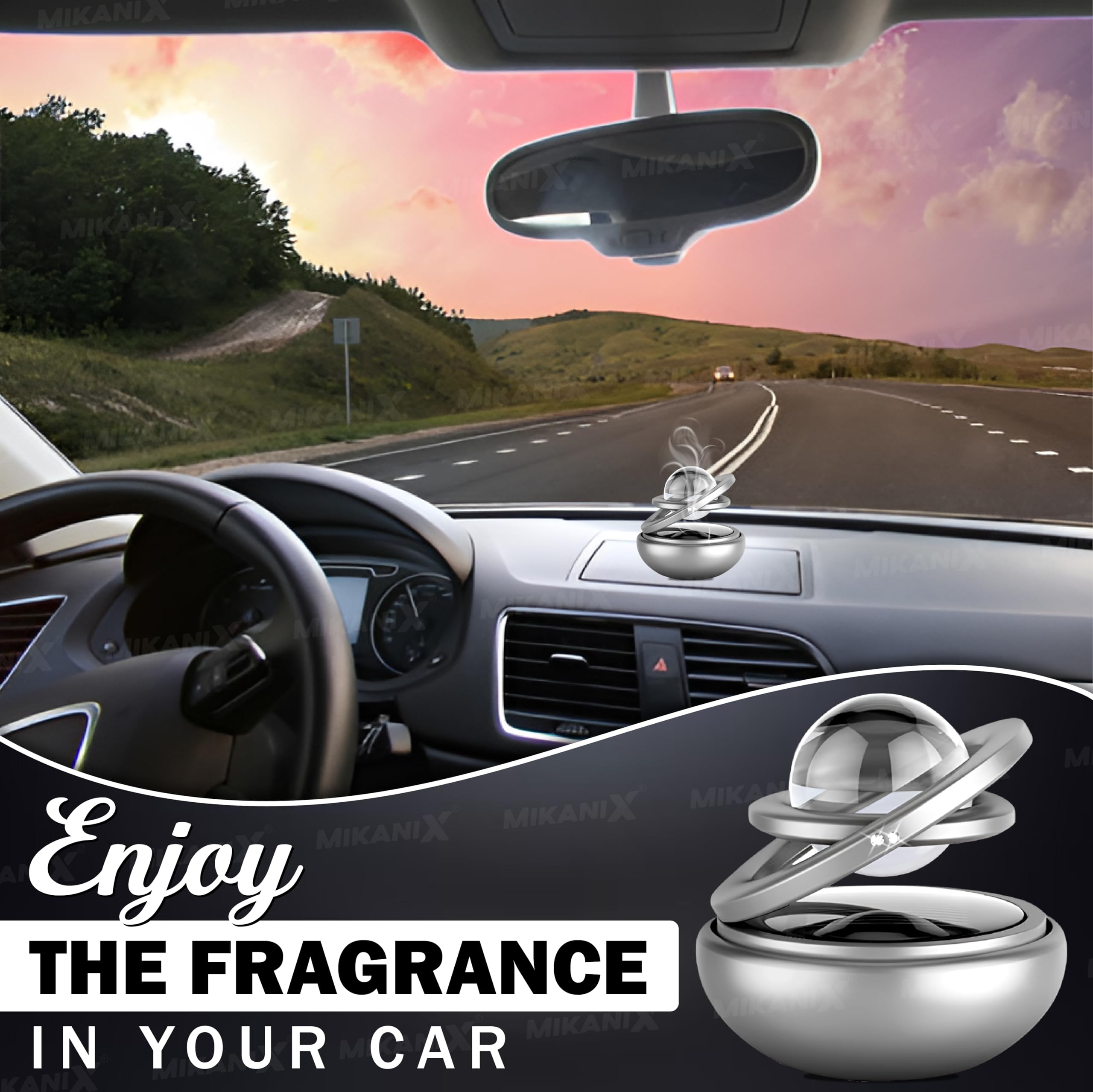 Mikanix Solar Energy Rotating Car Dashboard Air Freshener/Perfume Diffuser/Dispenser|Alloy Body & Crystal Design With Perfume Liquid For Car Interior & Home Air Freshener (Silver), Pack Of 1