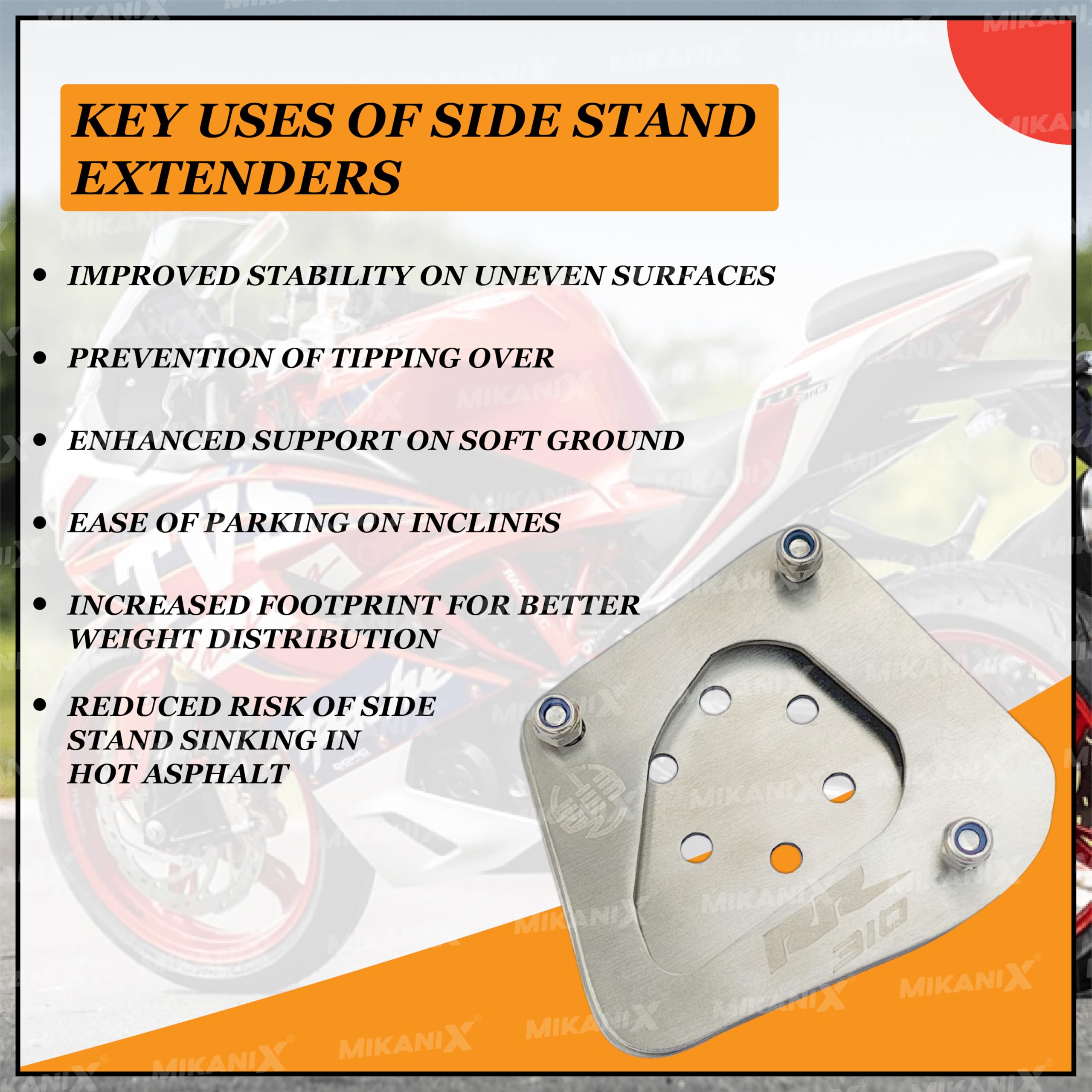 Mikanix Apache RR 310 Stainless Steel Side Stand Extender/Side Stand Pad For TVS Apache RR 310