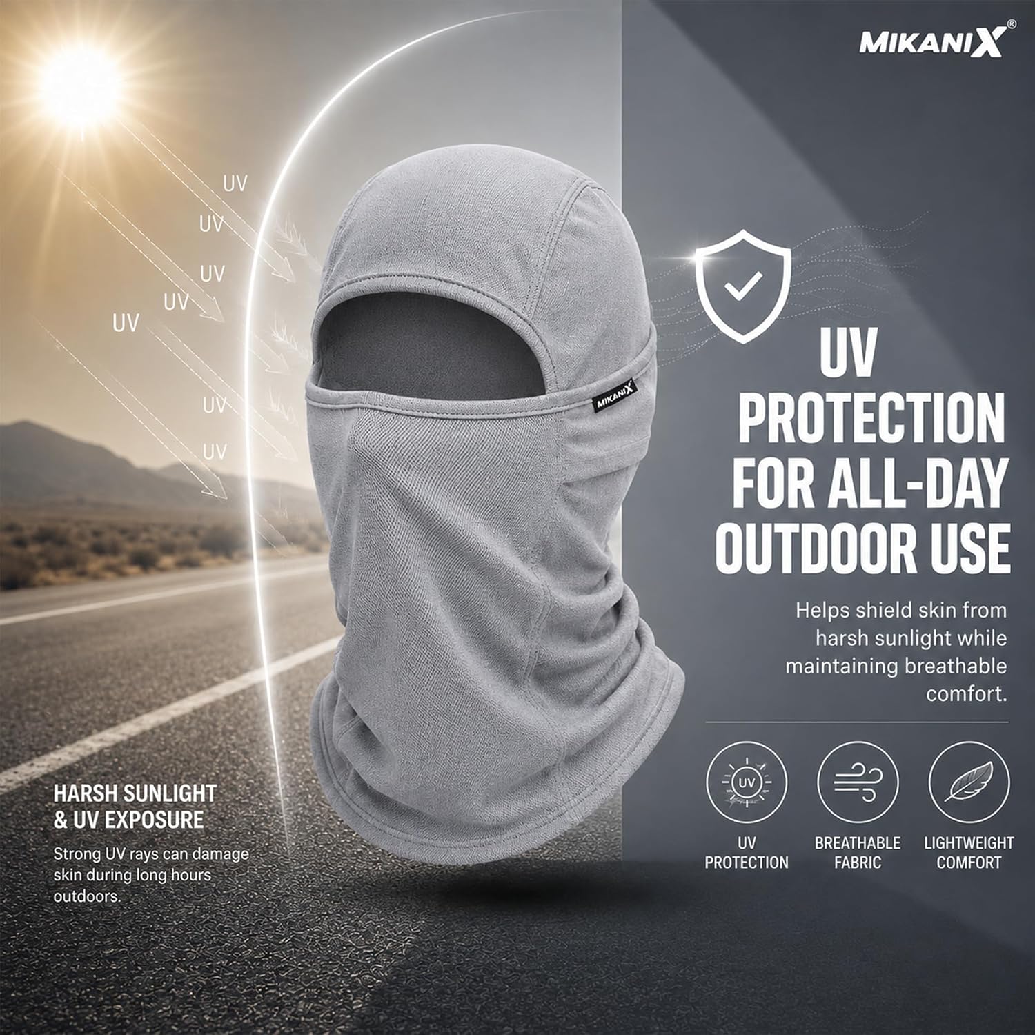 MIKANIX Full Face Balaclava Mask for Men & Women | Breathable Bike Riding Face Mask | Dust, Wind & Sun for Motorcycle, Cycling & Outdoor Sports (GREY)