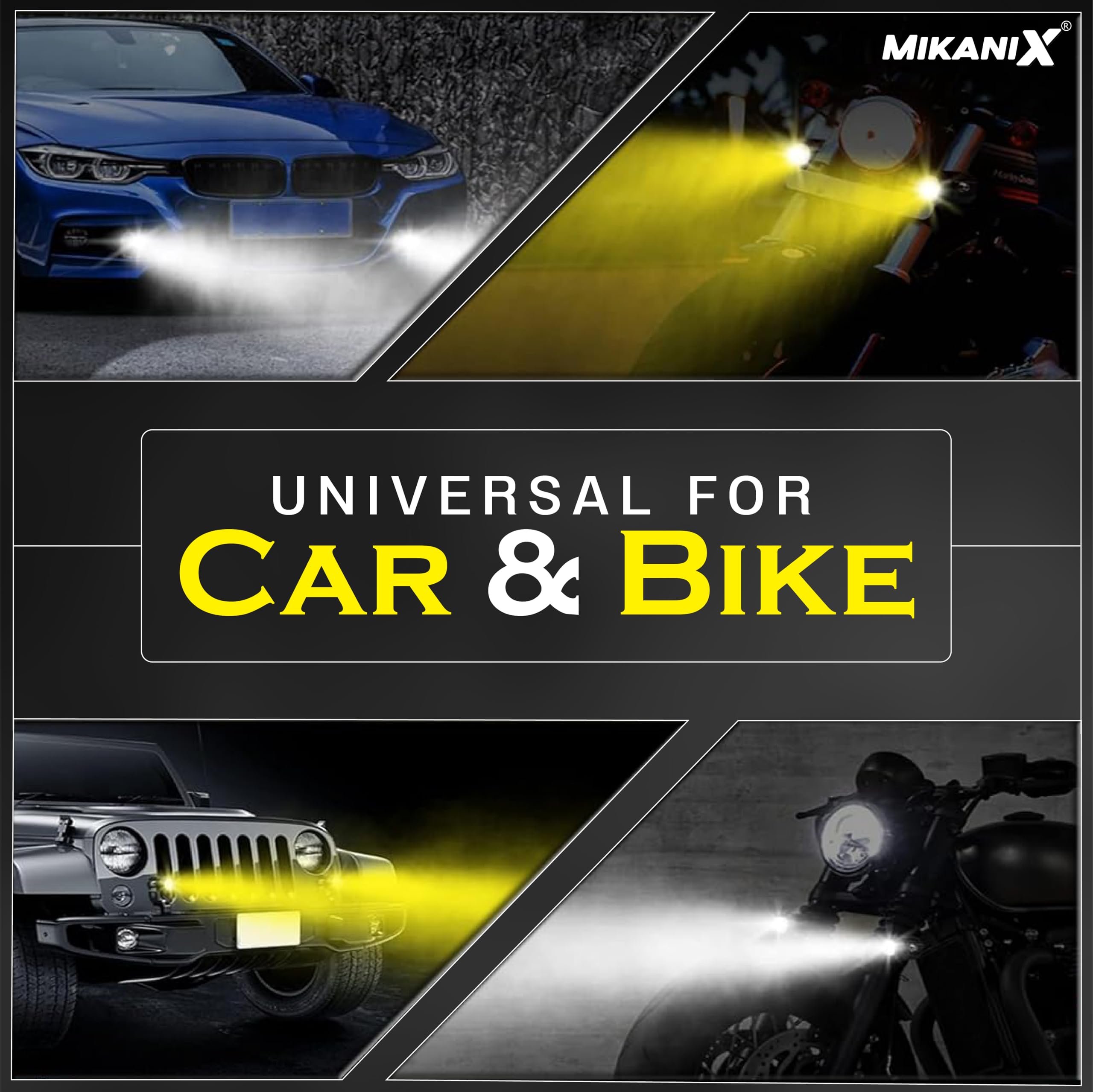MIKANIX Super Bright Led Fog Light Lamp | White & Yellow | High/Low Beam | 4 Modes of Flashing Spotlight with On-Off Switch Universal for All Bikes