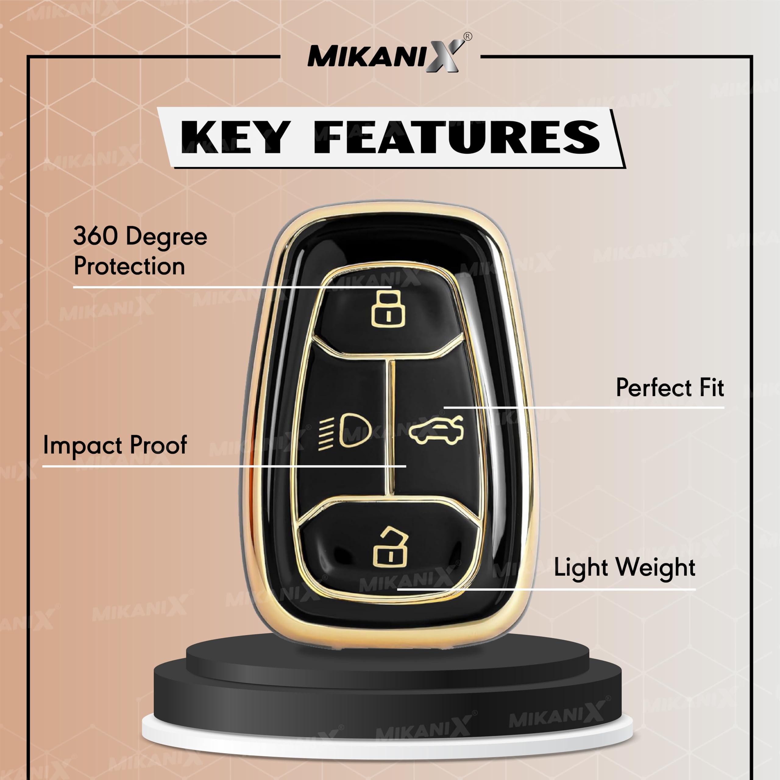 OBEROI'S TRADERS Premium Key Cover Compatible with Nexon | Harrier | Safari | Altroz | Tigor | EV | Punch | Tiago EV Electric 4 Button Smart Key Only | Elegant Black & Gold Protective Case