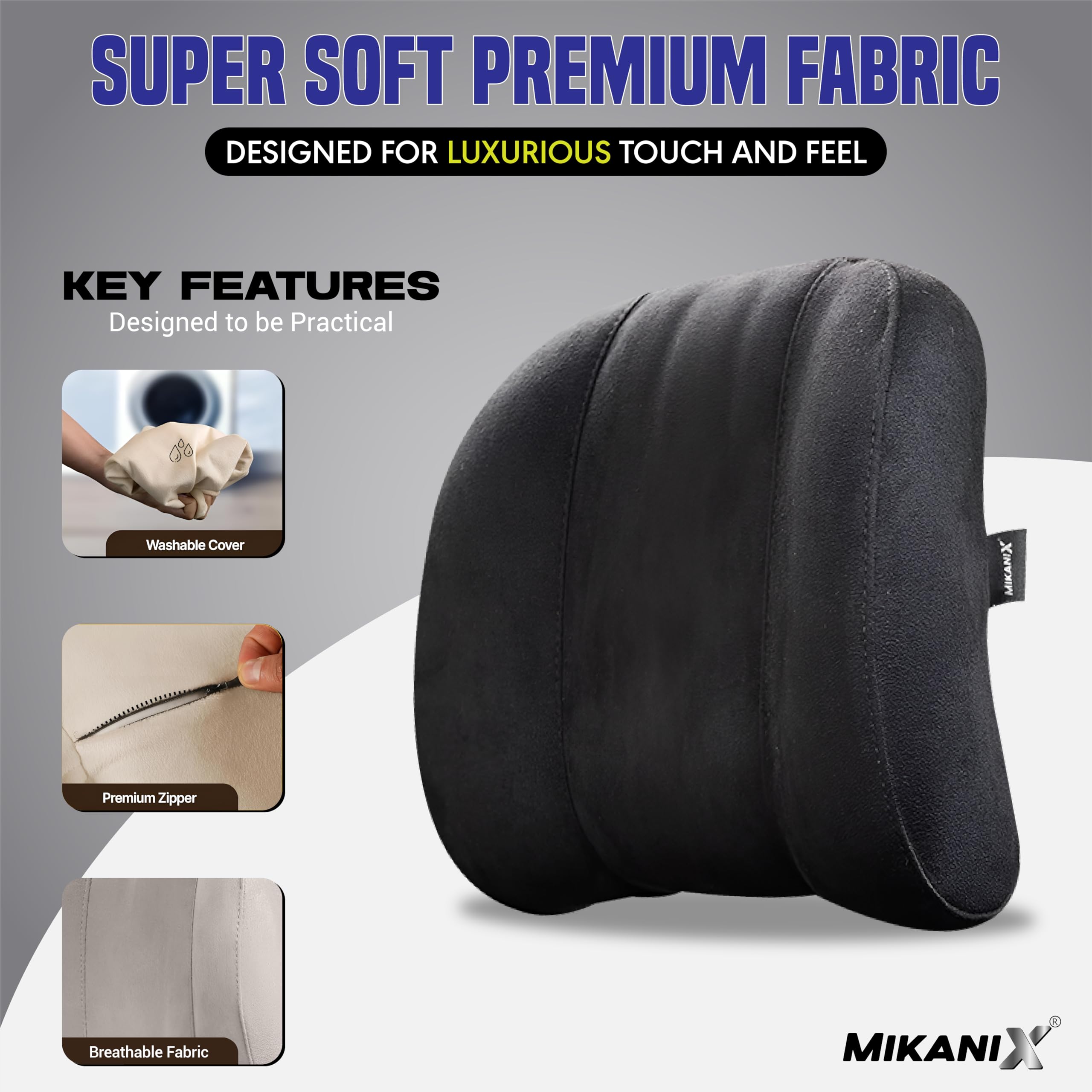 MIKANIX Car Headrest Pillow | Polyfill Fiber Cotton Neck/Head Support Cushion | Ergonomic Travel Headrest | Comfortable Car Seat Pillow | Breathable Soft Cover | Universal Fit (Black)
