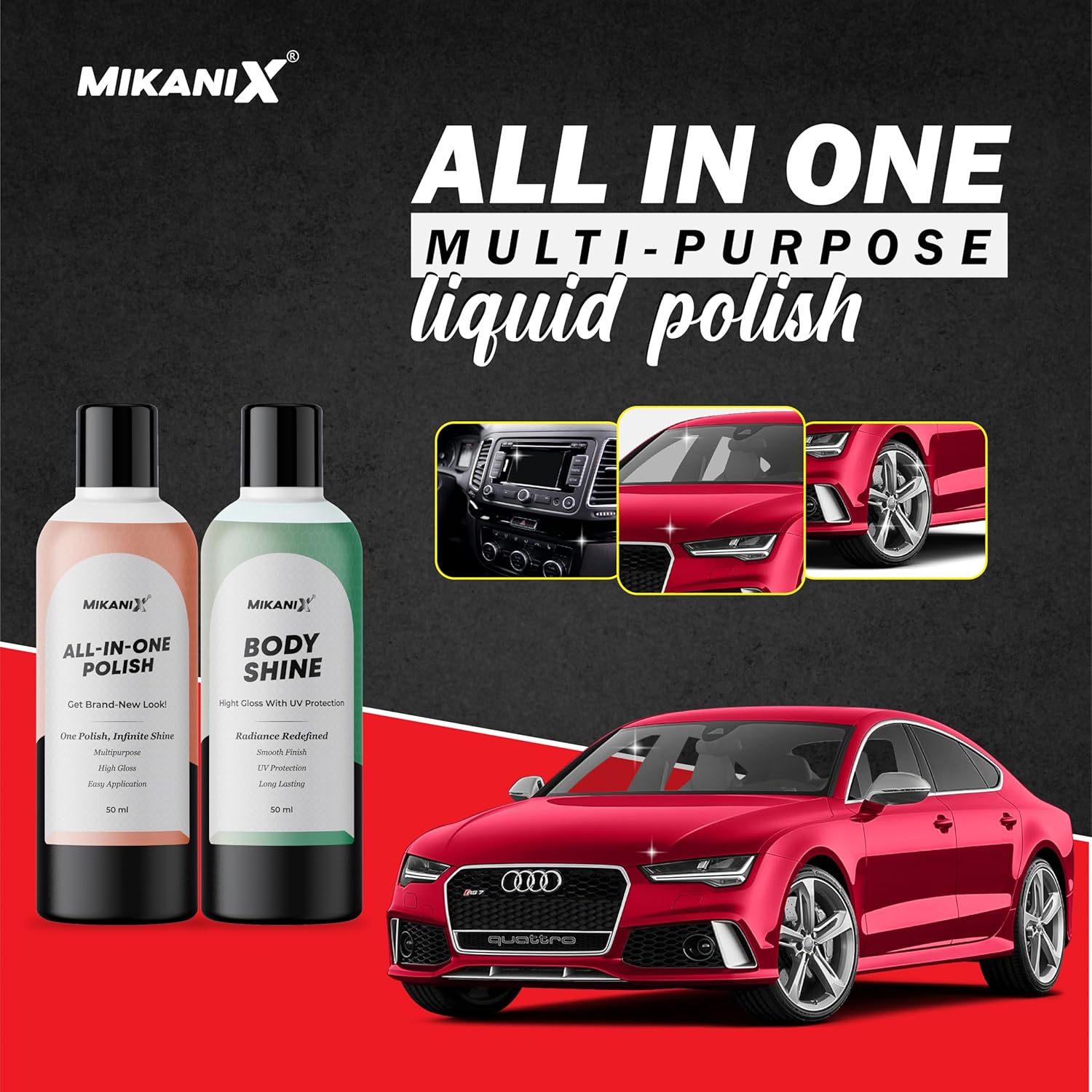 MIKANIX Car Cleaning Kit 11-in-1 Combo | Ceramic Wash, Dashboard Polish, Shampoo, Tyre Gloss, Degreaser, Body Shine, Windshield Wash, Dryclean Solution with Microfiber Cloth & Foam Sponge
