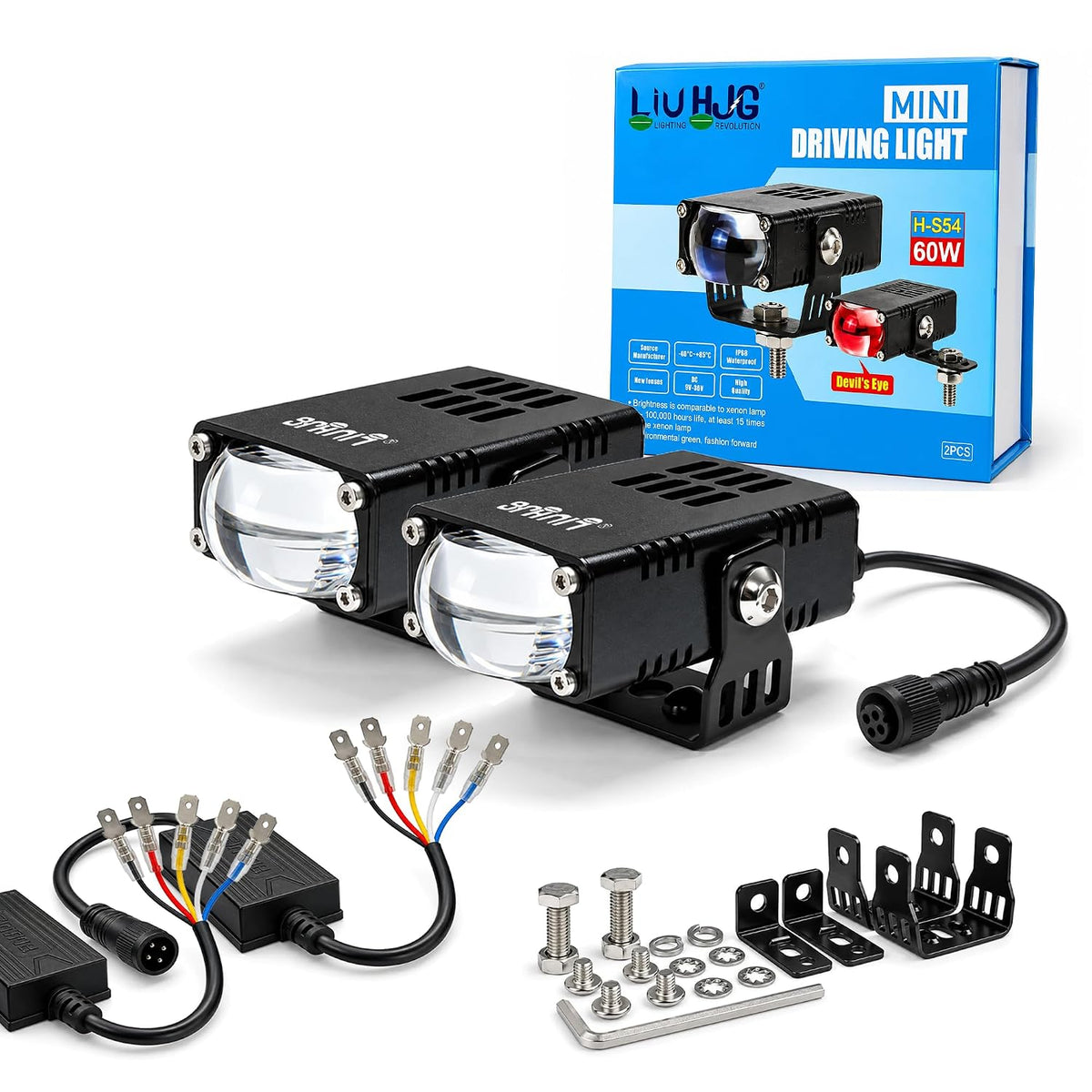 MIKANIX LIU HJG 60W Mini Driving Light | Universal LED Fog Lights for Motorcycle & Car with Devil's Eye | Super Bright Auxiliary Projector Lamp (Set of 2)