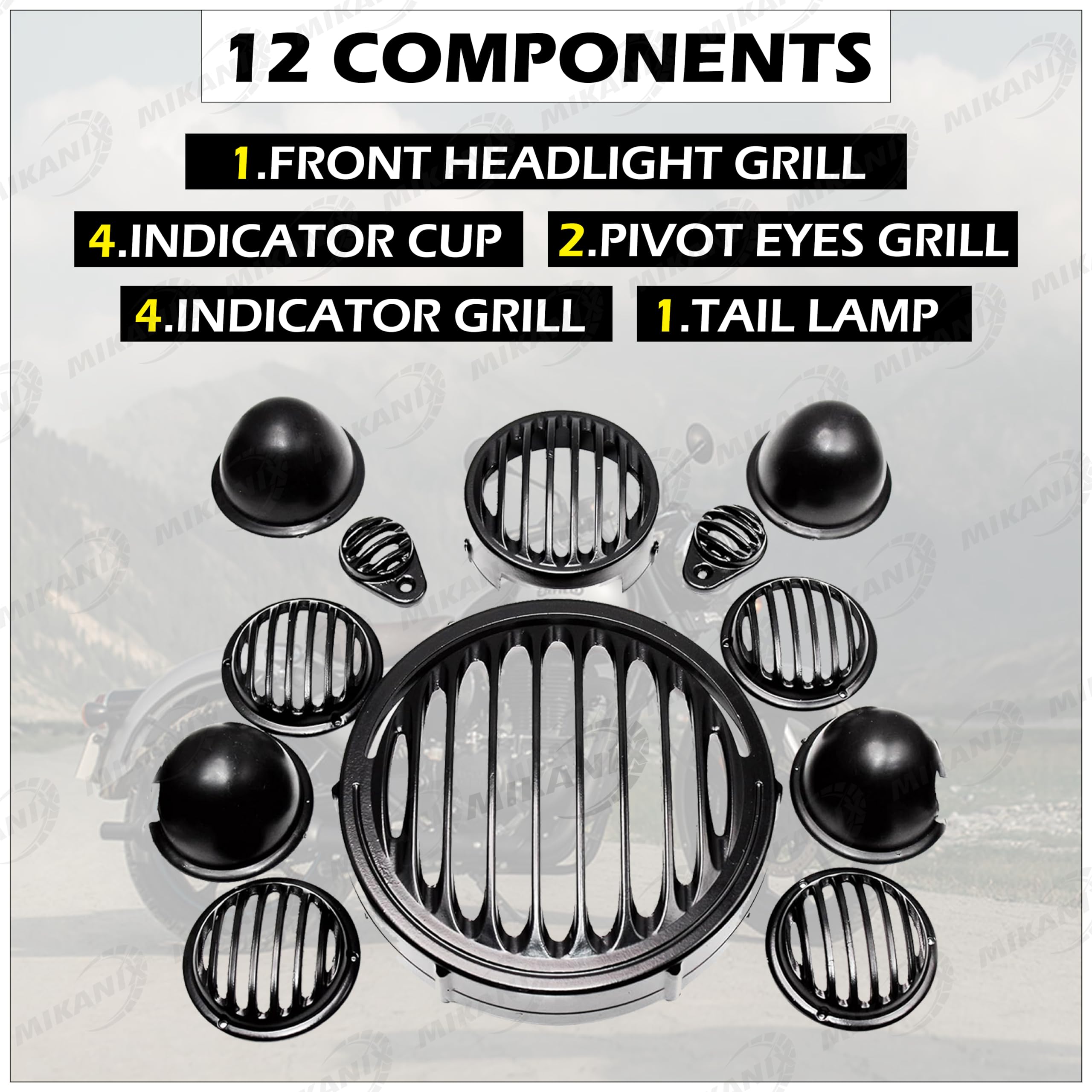 MIKANIX Premium CNC Metal Front Rear Headlight Grill/Jali Cover Set with Tail Lamp, Indicator, Pivot Eyes Cup Compatible Only for Royal Enfield Classic Reborn 350