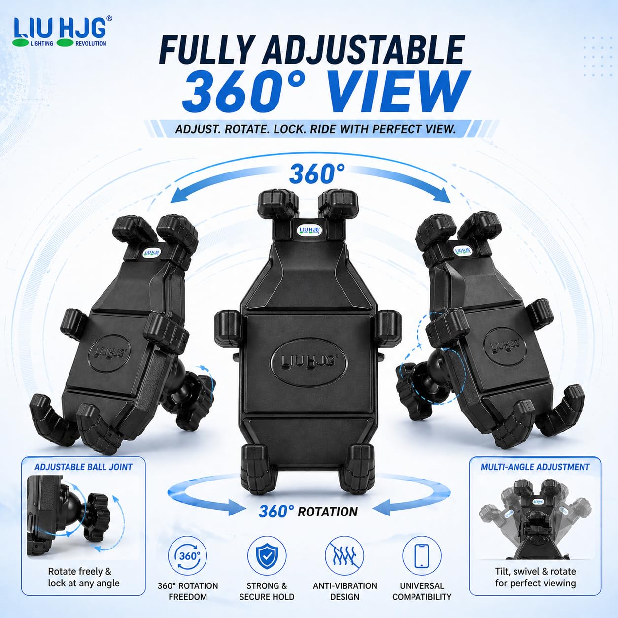 MIKANIX 1 Year Warranty HJG Mobile Holder Stand Adjutable with Handlebar & Mirror Fitting | Anti-Shake Mount | 360° Ball Head Rotation Flexible View Universal for Bike, Bicycles