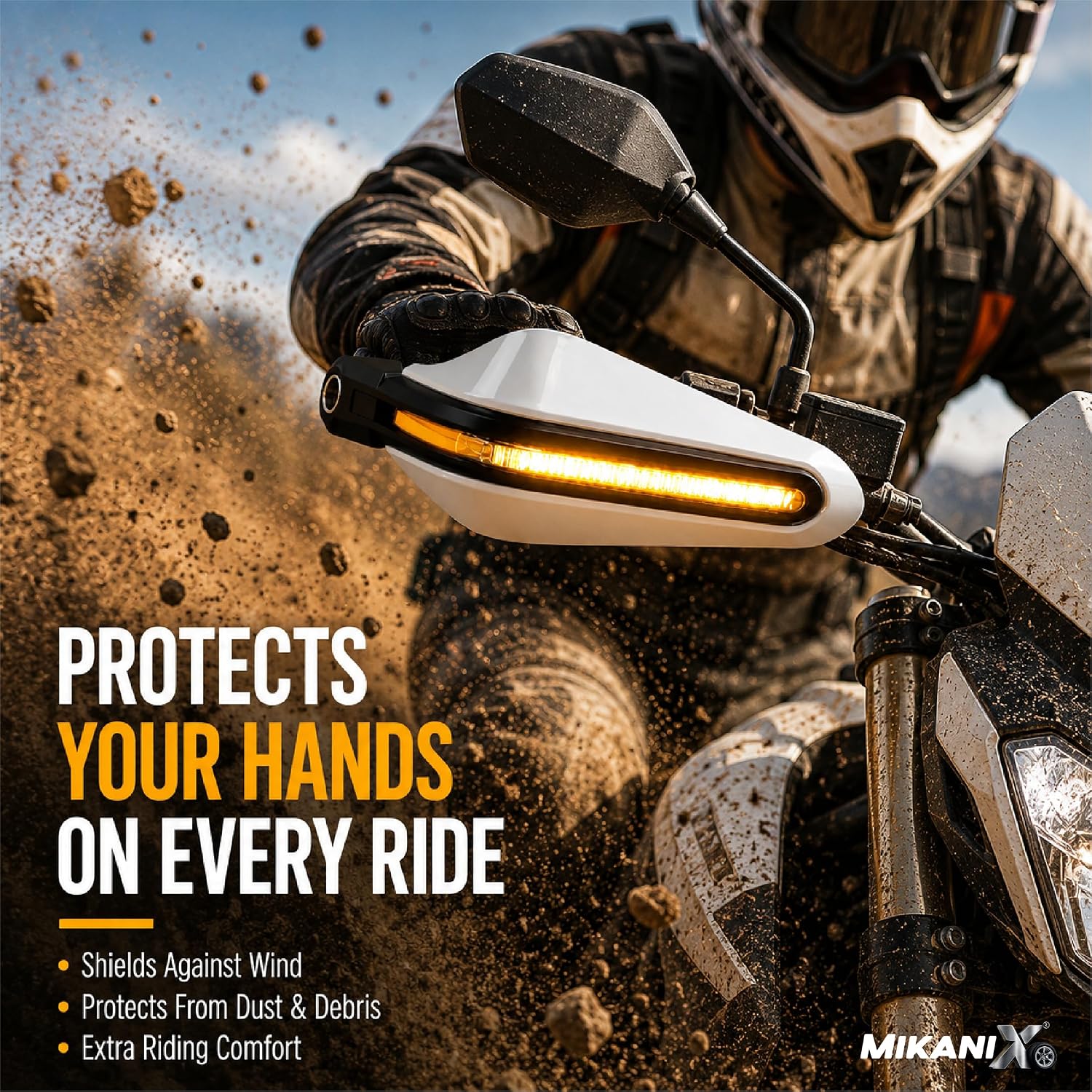 MIKANIX Universal Motorcycle Hand Guard with DRL LED Light | Brake & Clutch Lever Protector | Wind Deflector Hand Guard for All Bikes & Motorcycles