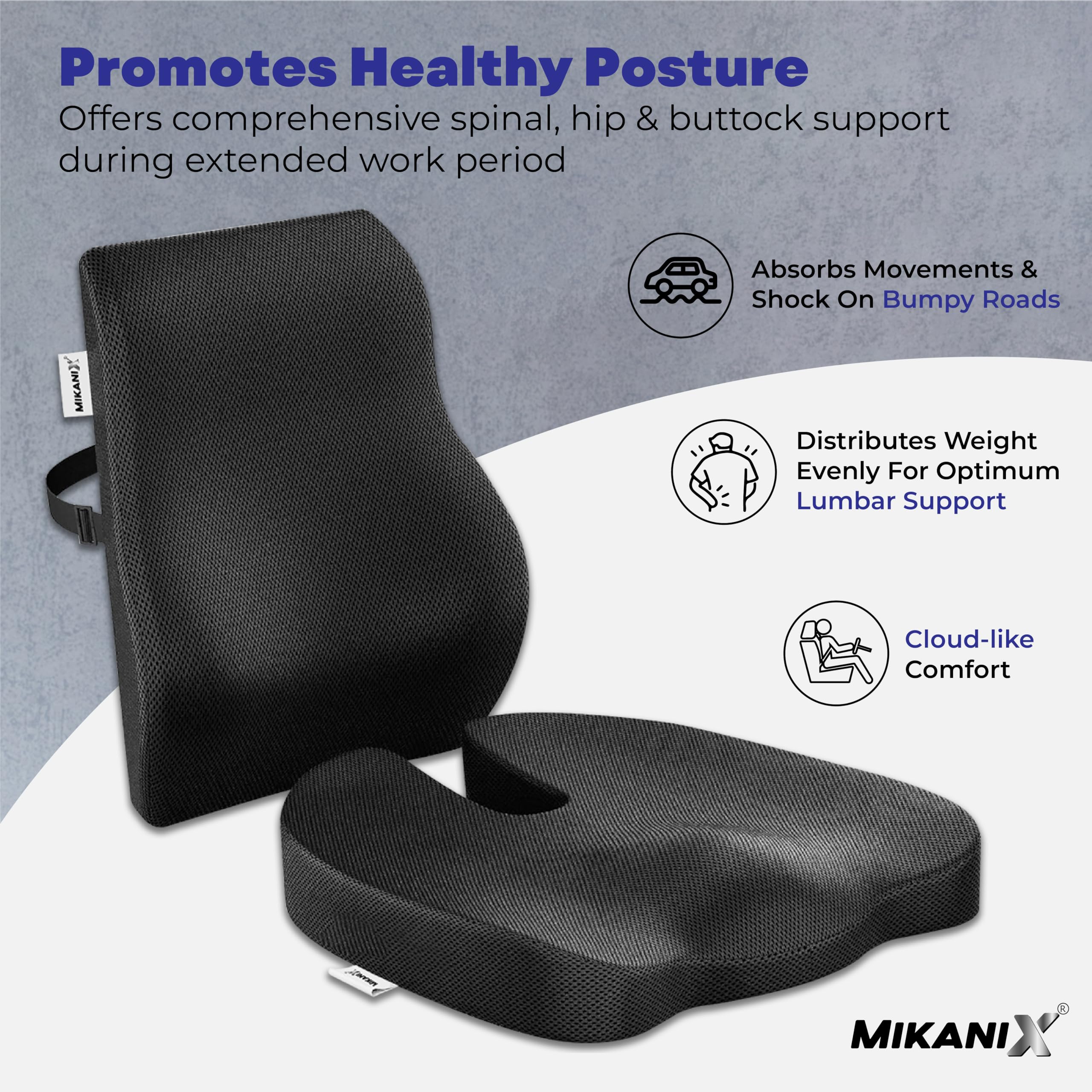 OBEROI'S TRADERS Back Lumbar Support & Orthopedic Coccyx Seat Cushion Combo with Memory Foam for Car Seat, Office & Home Chair to Relief Back, Sciatica & Hip Pain and Posture Correction