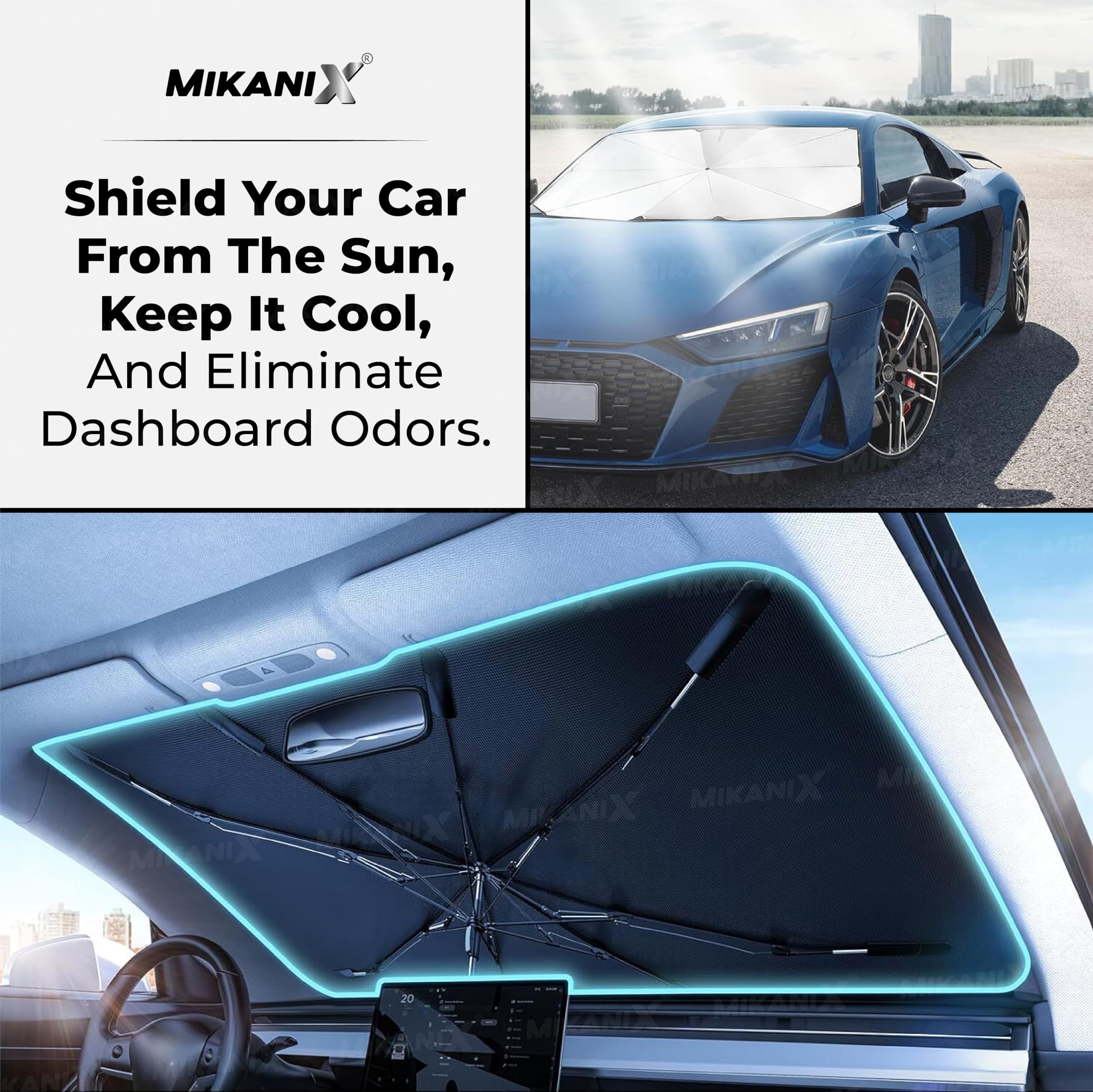 MIKANIX Car Front and Rear Windshield Sunshade, Reflective Silver Aluminium Foil & Umbrella for Windshield with Carry Bag, UV Ray Blocker, Universal for Car