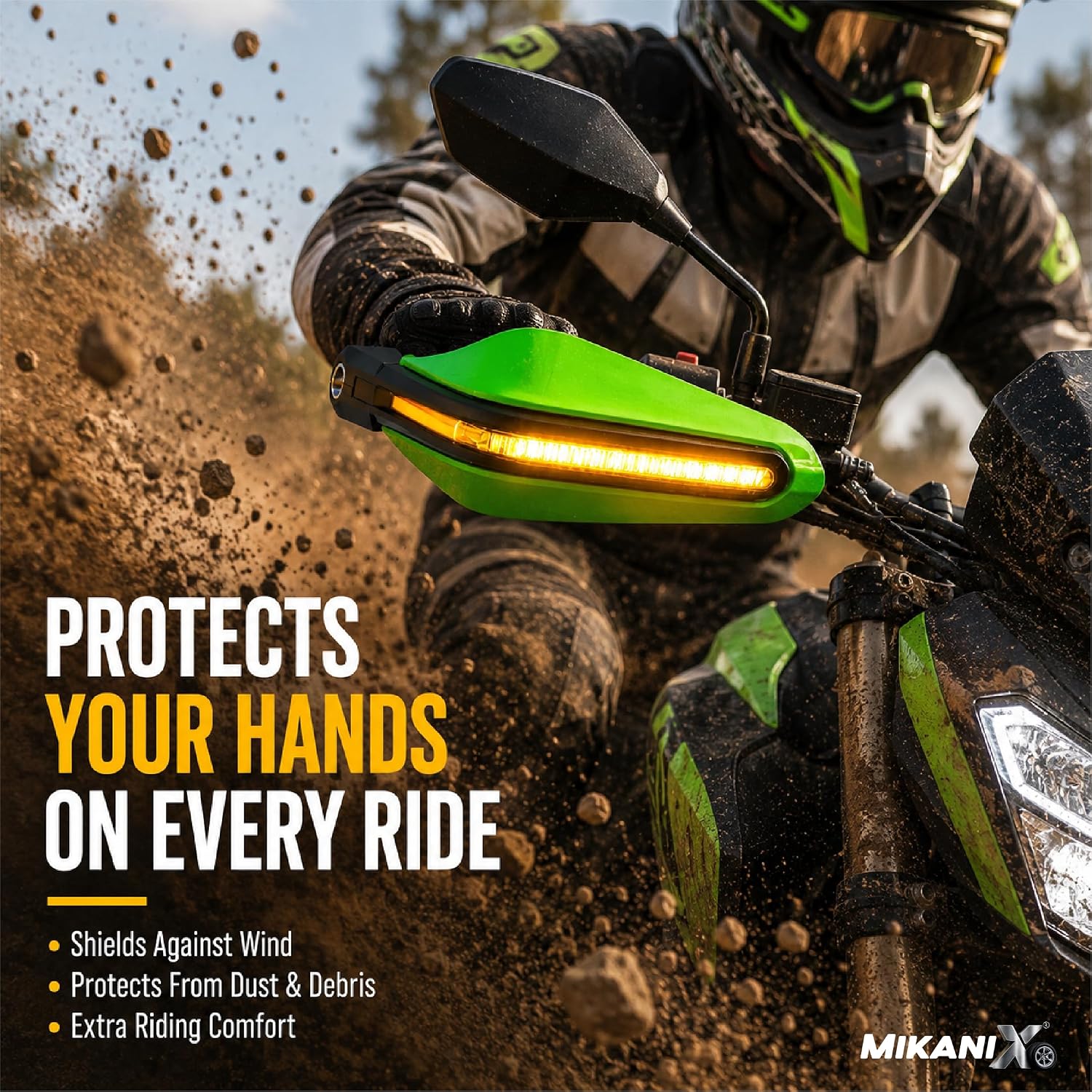 MIKANIX Universal Motorcycle Hand Guard with DRL LED Light | Brake & Clutch Lever Protector | Wind Deflector Hand Guard for All Bikes & Motorcycles