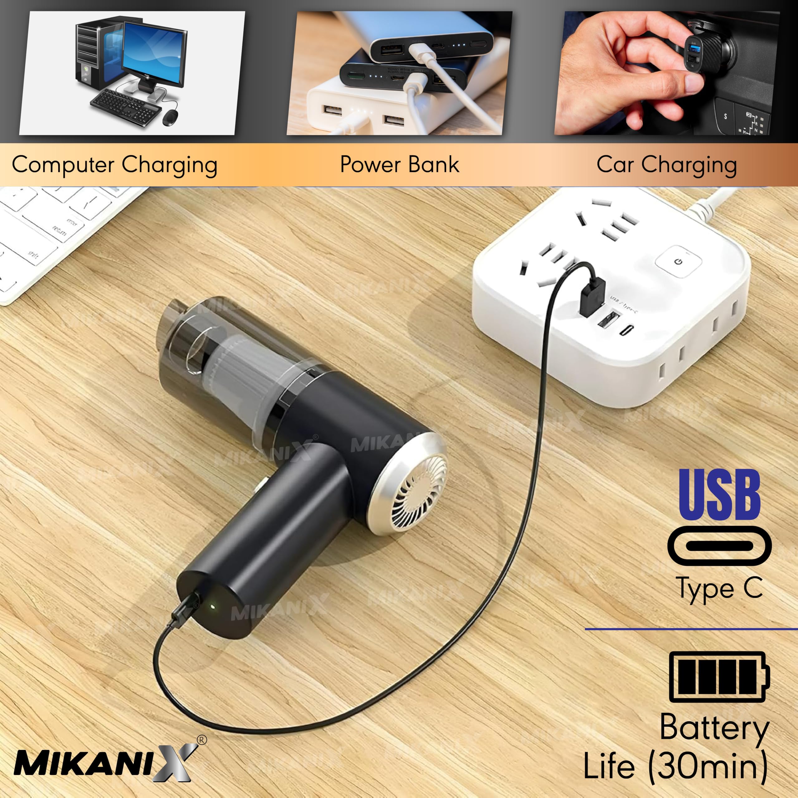 MIKANIX Vacuum Cleaner with Air Duster Blower for Car Interior & Home Cleaning | 3 in 1 Portable 120W High-Power Dust Suction | Handheld USB Rechargeable Car Vacuum Cleaner
