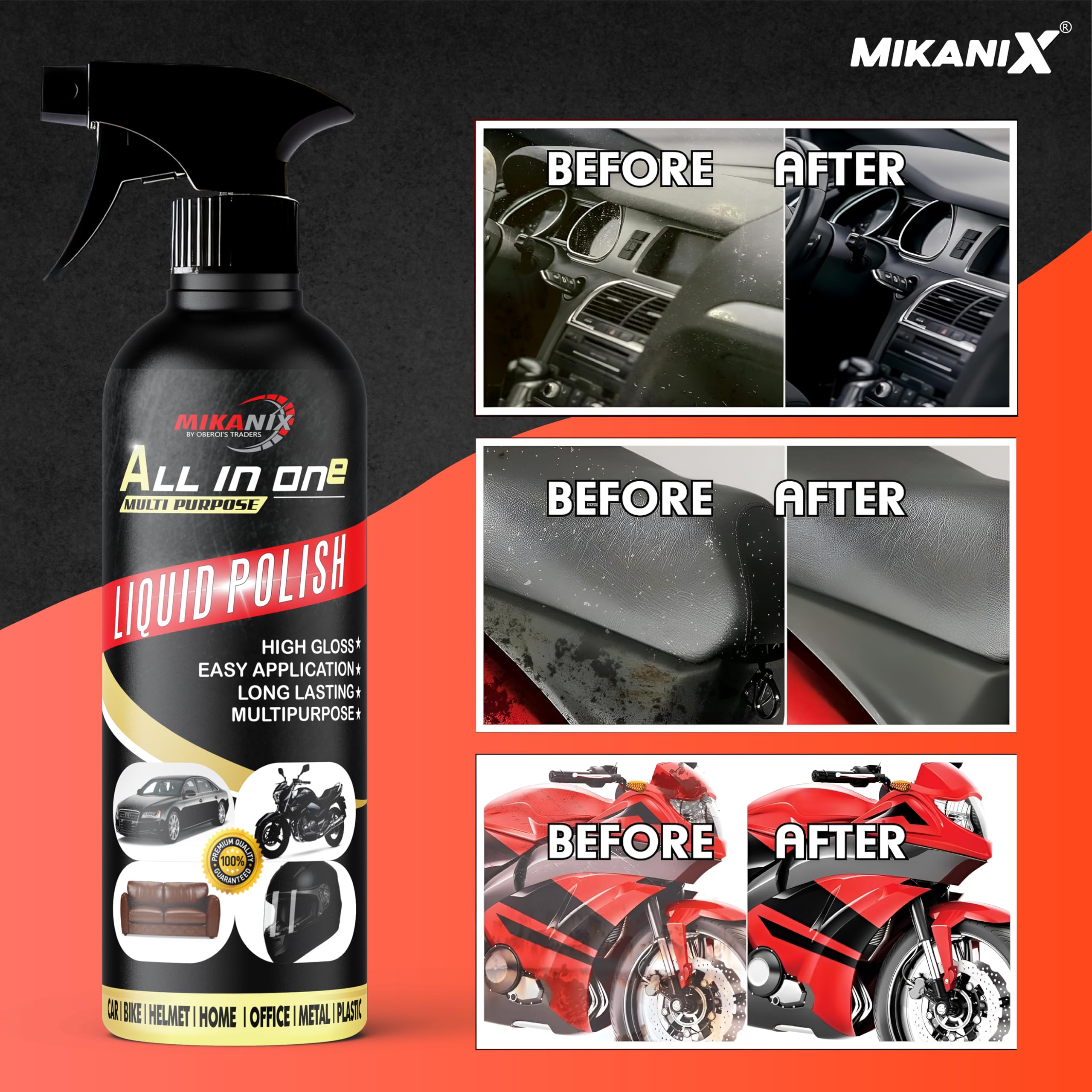 OBEROI'S TRADERS All-in-One Multipurpose Bike & Car Polish | Car Interior Dashboard Polish For Home Interiors, Leather Sofa | Protects, Shines & Removes Tough Stains
