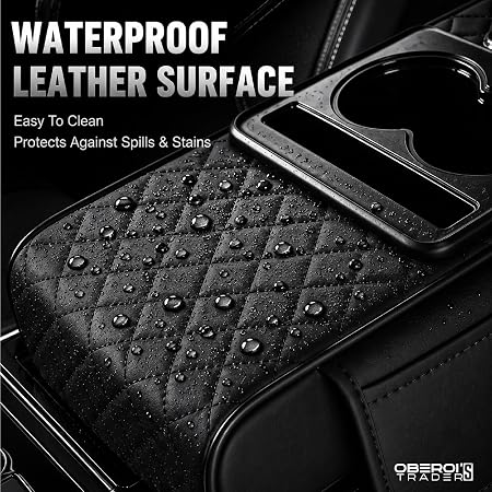 MIKANIX Car Center Console Armrest Cushion | Waterproof Leather Car Armrest Pad with Cup Holder, Phone Slot & Tissue Organizer for Top Hinged Consoles