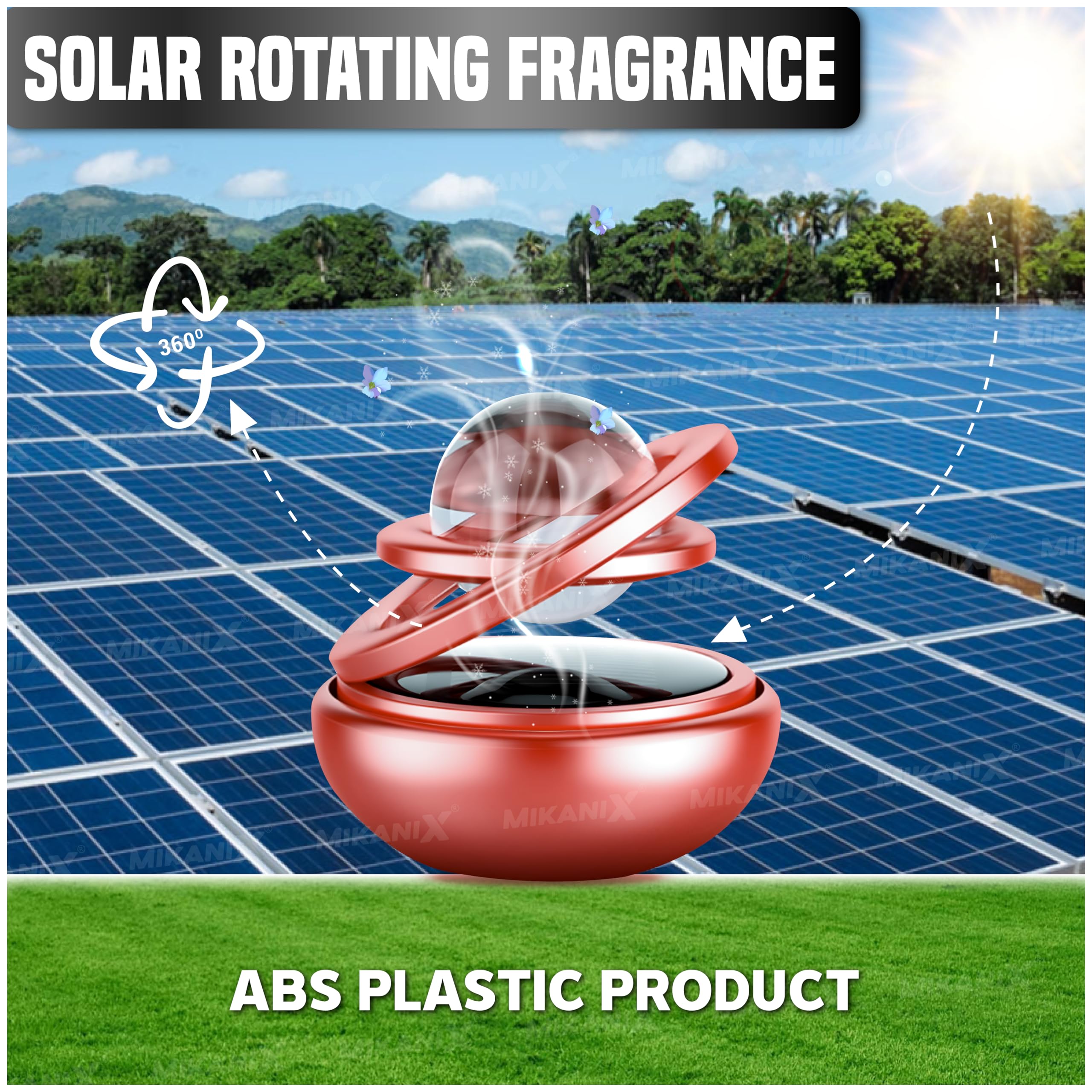Mikanix Solar Energy Rotating Car Dashboard Air Freshener/Perfume Diffuser/Dispenser | Alloy Body & Crystal Design With Perfume Liquid For Car Interior & Home Air Freshener (Red), Pack Of 1