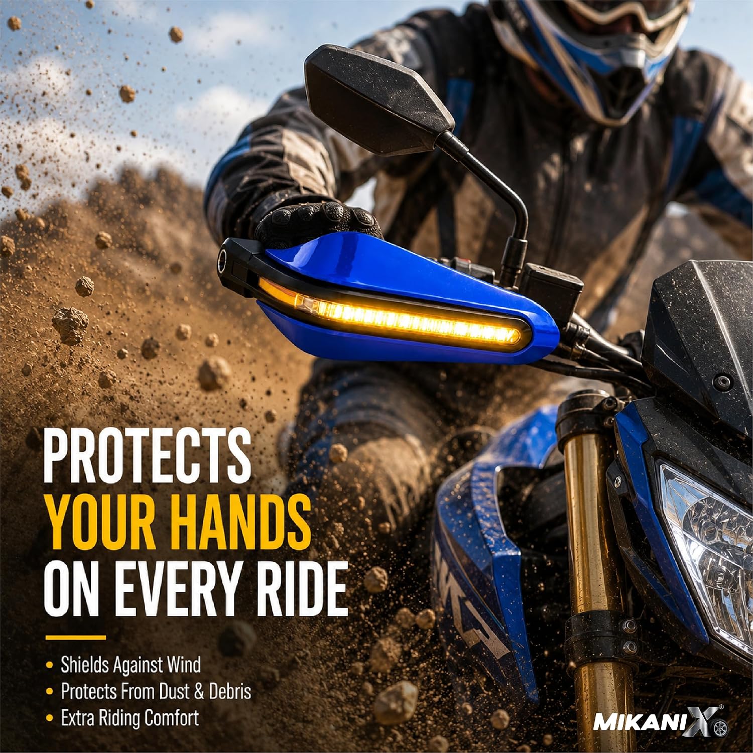 MIKANIX Universal Motorcycle Hand Guard with DRL LED Light | Brake & Clutch Lever Protector | Wind Deflector Hand Guard for All Bikes & Motorcycles