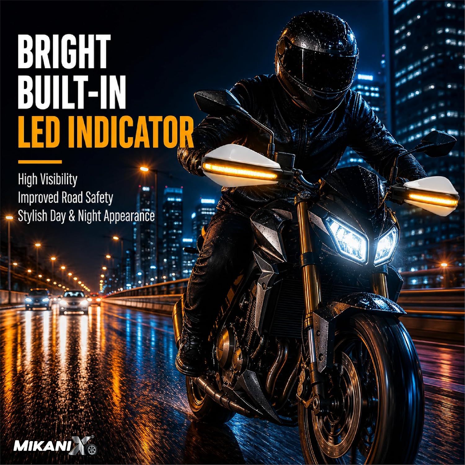 MIKANIX Universal Motorcycle Hand Guard with DRL LED Light | Brake & Clutch Lever Protector | Wind Deflector Hand Guard for All Bikes & Motorcycles