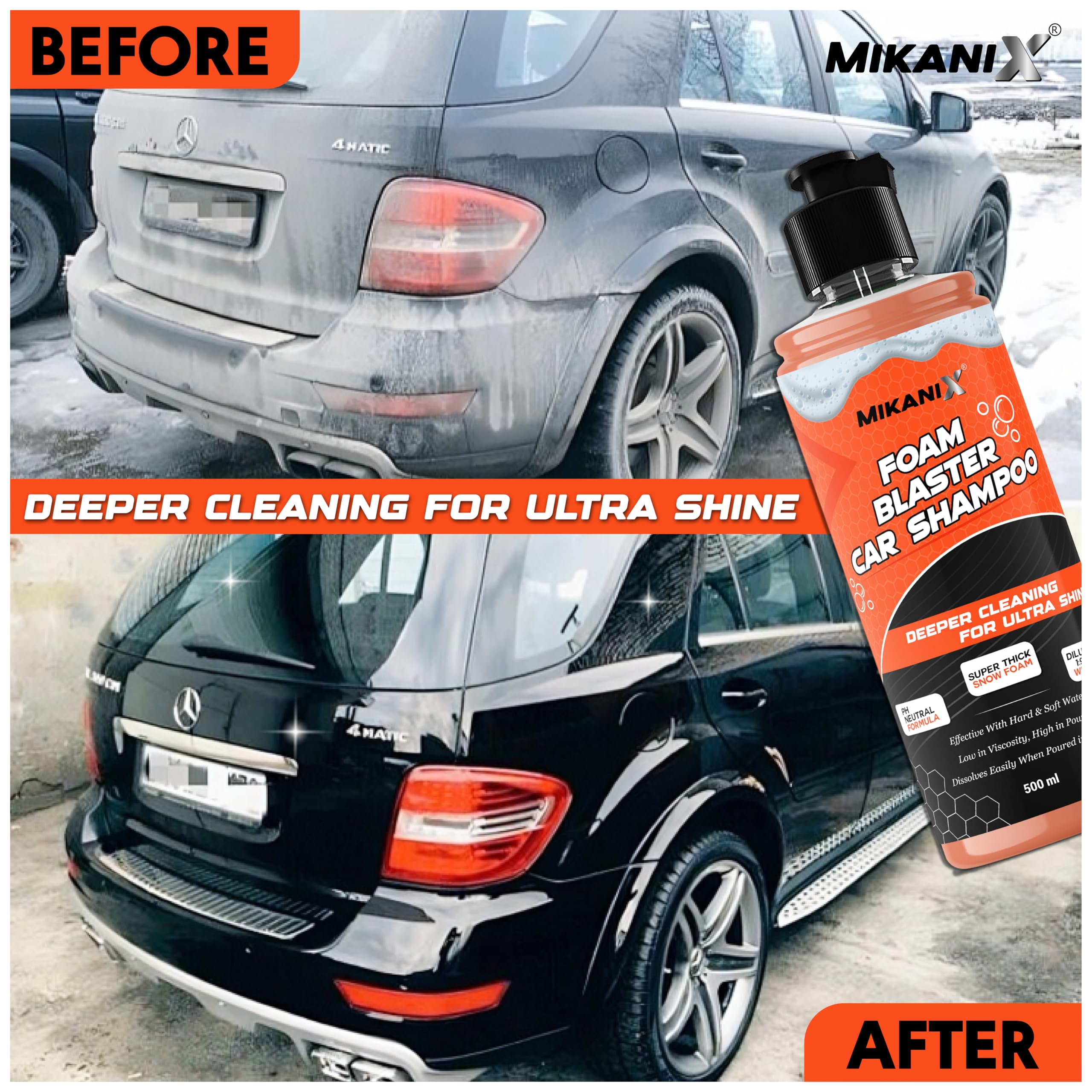 MIKANIX Foam Blaster Car Wash Shampoo | Concentrate Formula With Thick Foam to Remove Dirt & Grime for Car & Bike Exterior Cleaning | pH Neutral | 500 ML | Pack of 1