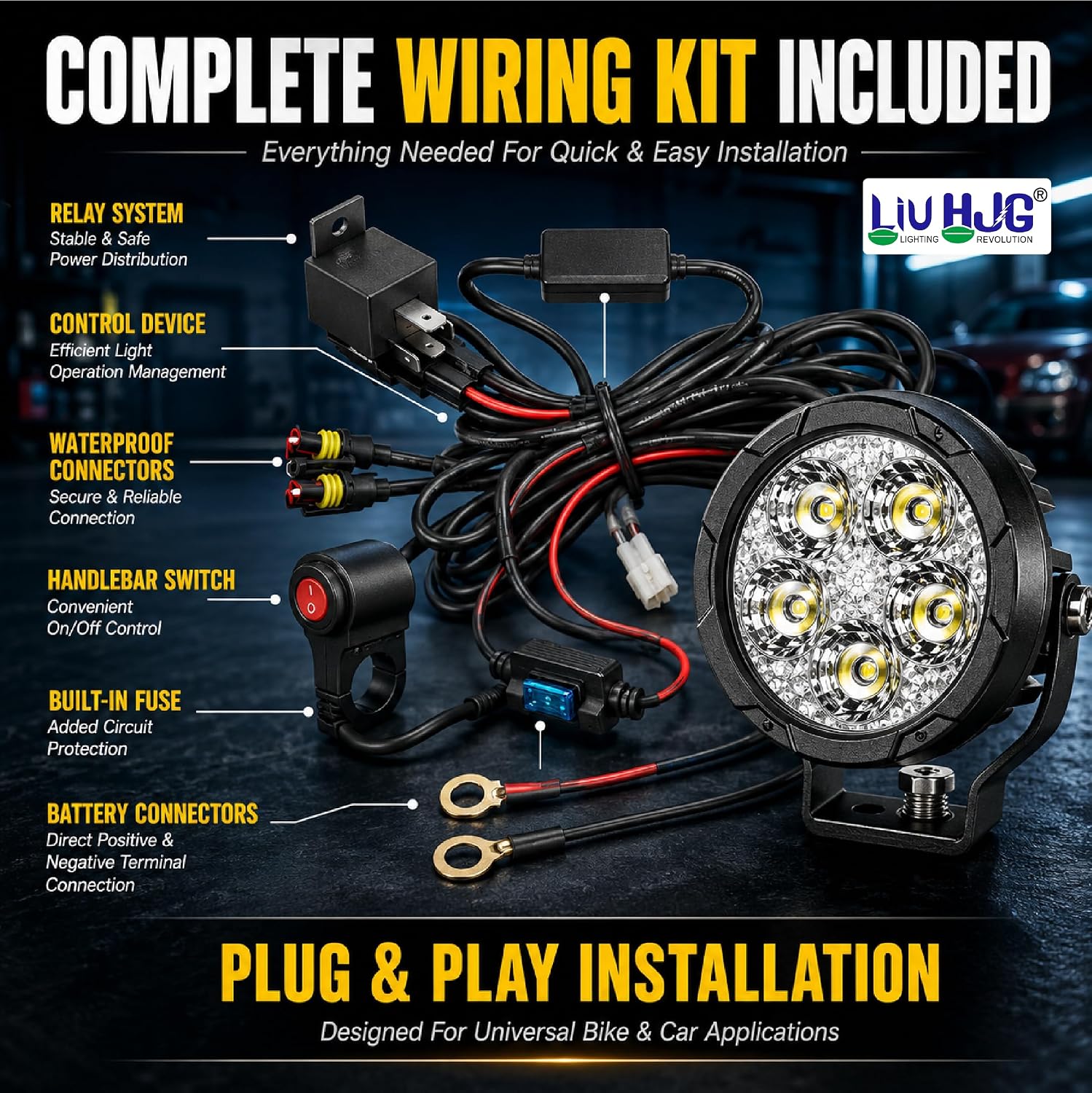 MIKANIX LIUHJG 5 LED Round Fog Light for Cars & Bikes | Waterproof 60W Driving Spotlight Kit with Yellow Caps