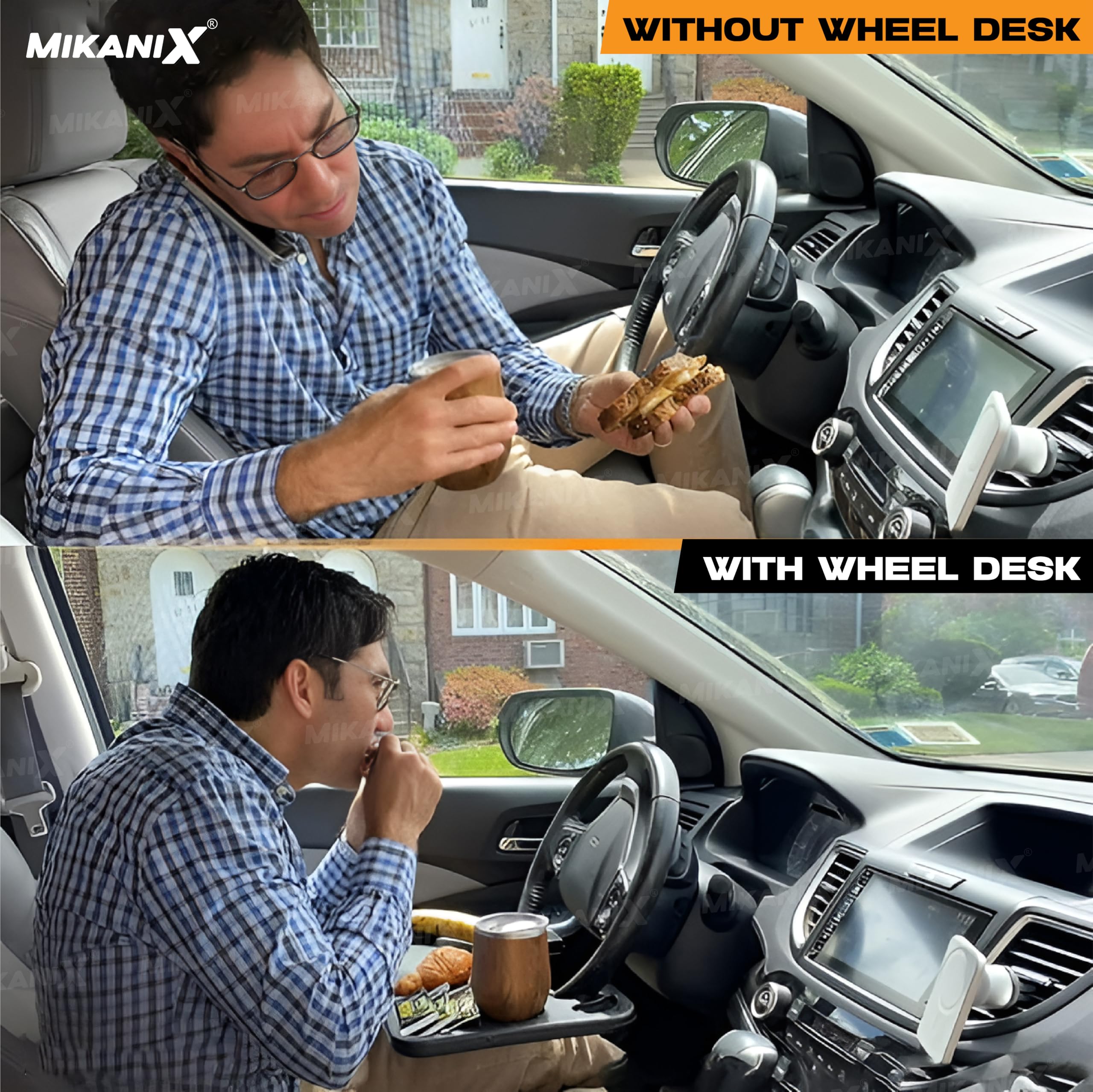 MIKANIX Multi-Use Car Steering Wheel Tray - Portable Laptop Desk & Food Tray for Car, Dual-Sided Travel Workstation for Eating, Writing & Working, Universal Fit