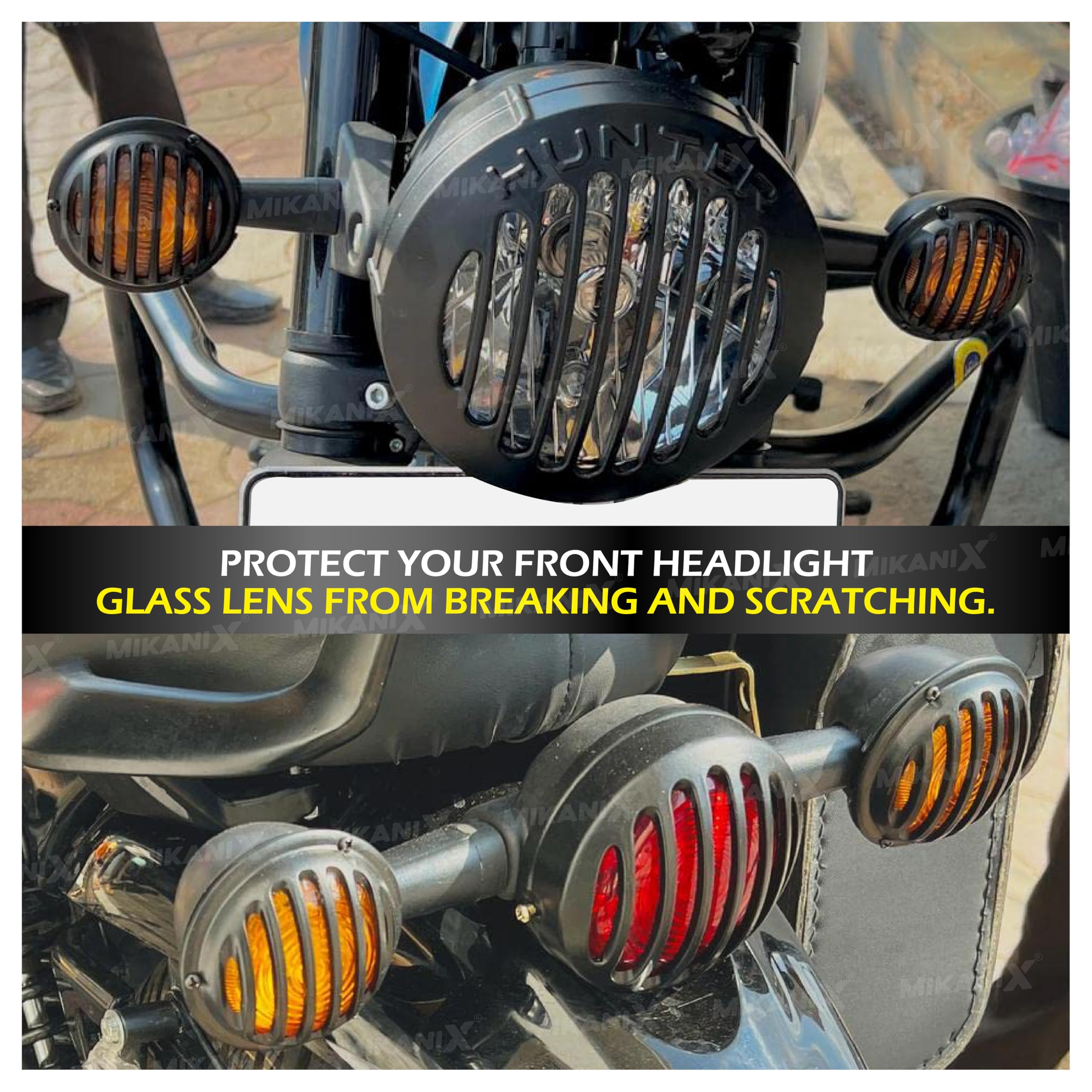 MIKANIX Hunter 350 Bike CNC Metal Front Rear Halogen Headlight Grill/Jali Cover Set With Tail Lamp, Indicator Cup Compatible Only For Royal Enfield Hunter 350