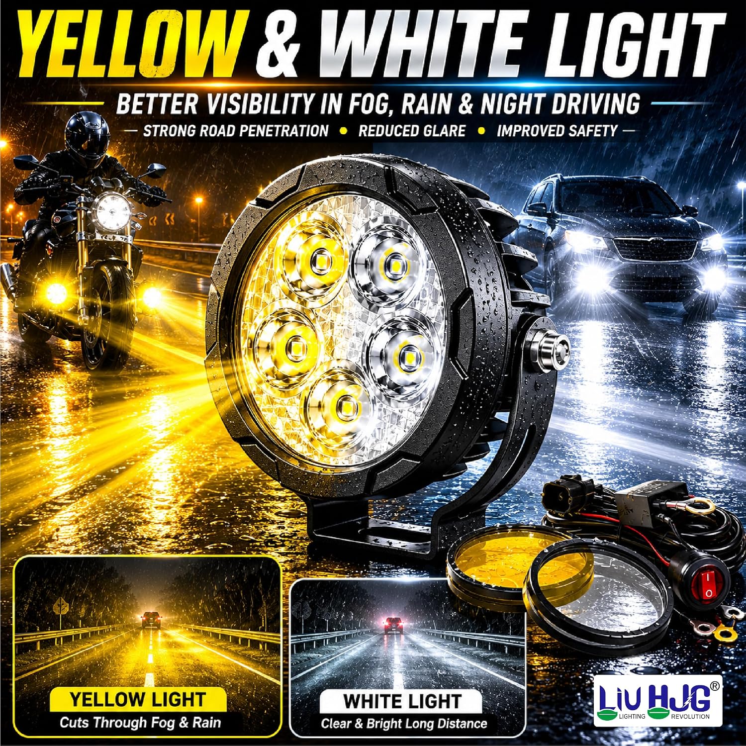 MIKANIX LIUHJG 5 LED Round Fog Light for Cars & Bikes | Waterproof 60W Driving Spotlight Kit with Yellow Caps