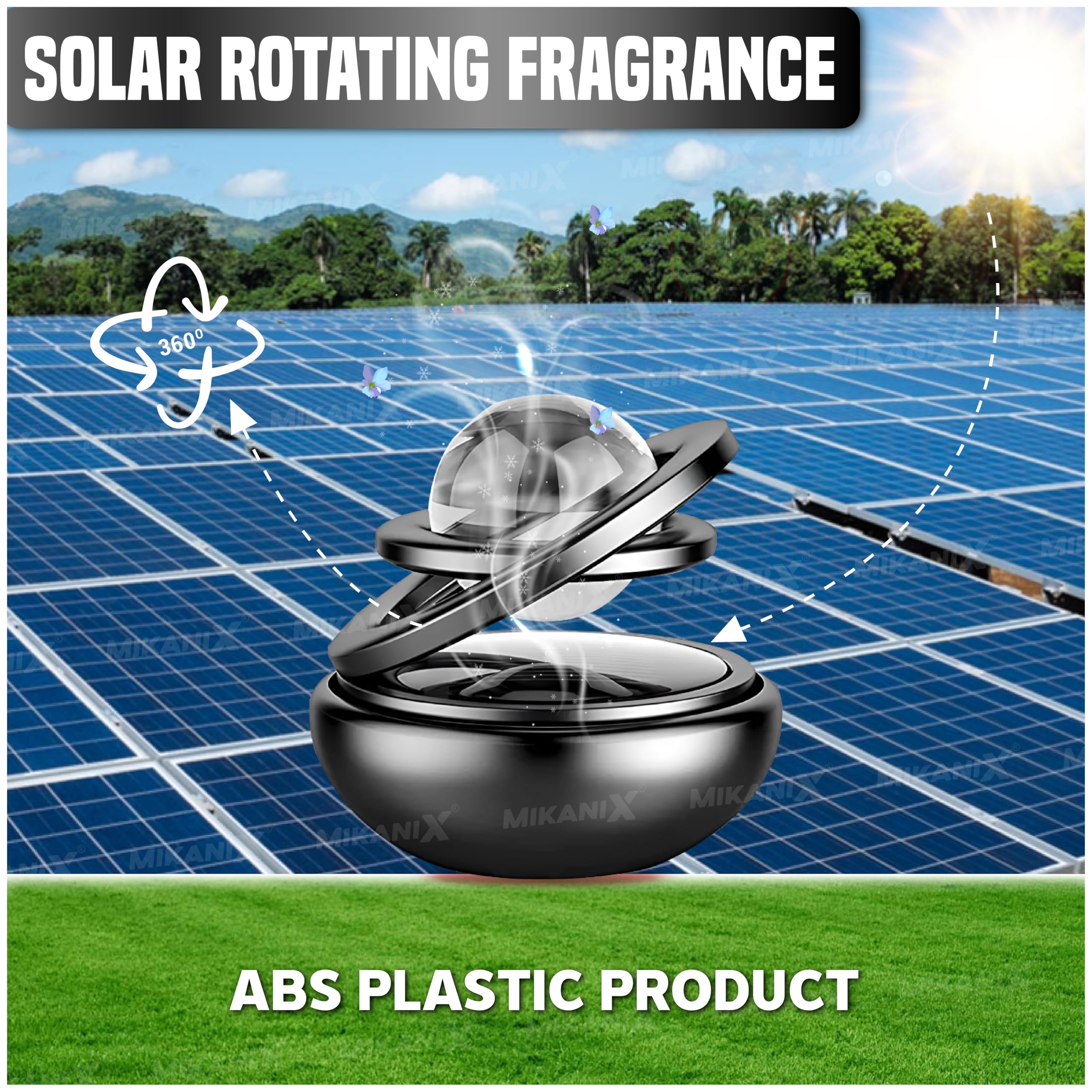 Mikanix Solar Energy Rotating Car Dashboard Air Freshener/Perfume Diffuser/Dispenser | Alloy Body & Crystal Design With Perfume Liquid For Car Interior & Home Air Freshener (Black), Pack Of 1