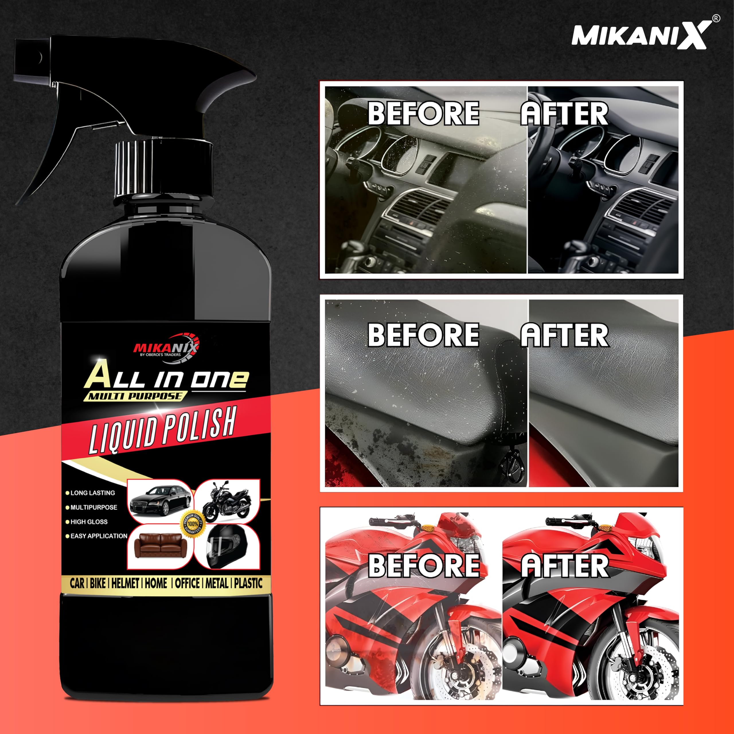 OBEROI'S TRADERS All-in-One Multipurpose Bike & Car Polish | Car Interior Dashboard Polish For Home Interiors, Leather Sofa | Protects, Shines & Removes Tough Stains
