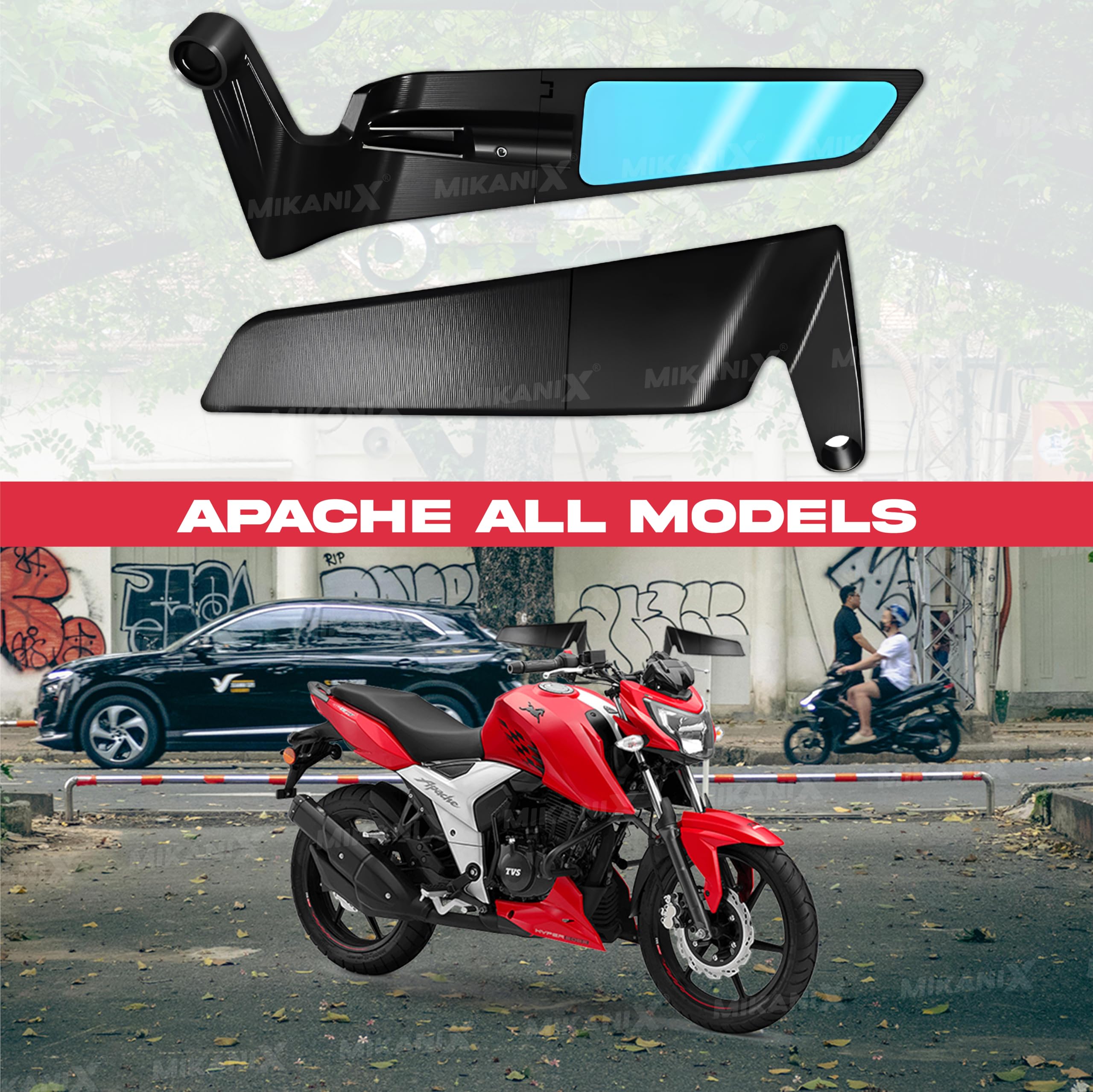 MIKANIX Bike Rear View Side Handle Bar Concave Glass| York Nut Fitting Glass | Stealth Convex Glass Compatible with Apache 160 | 200