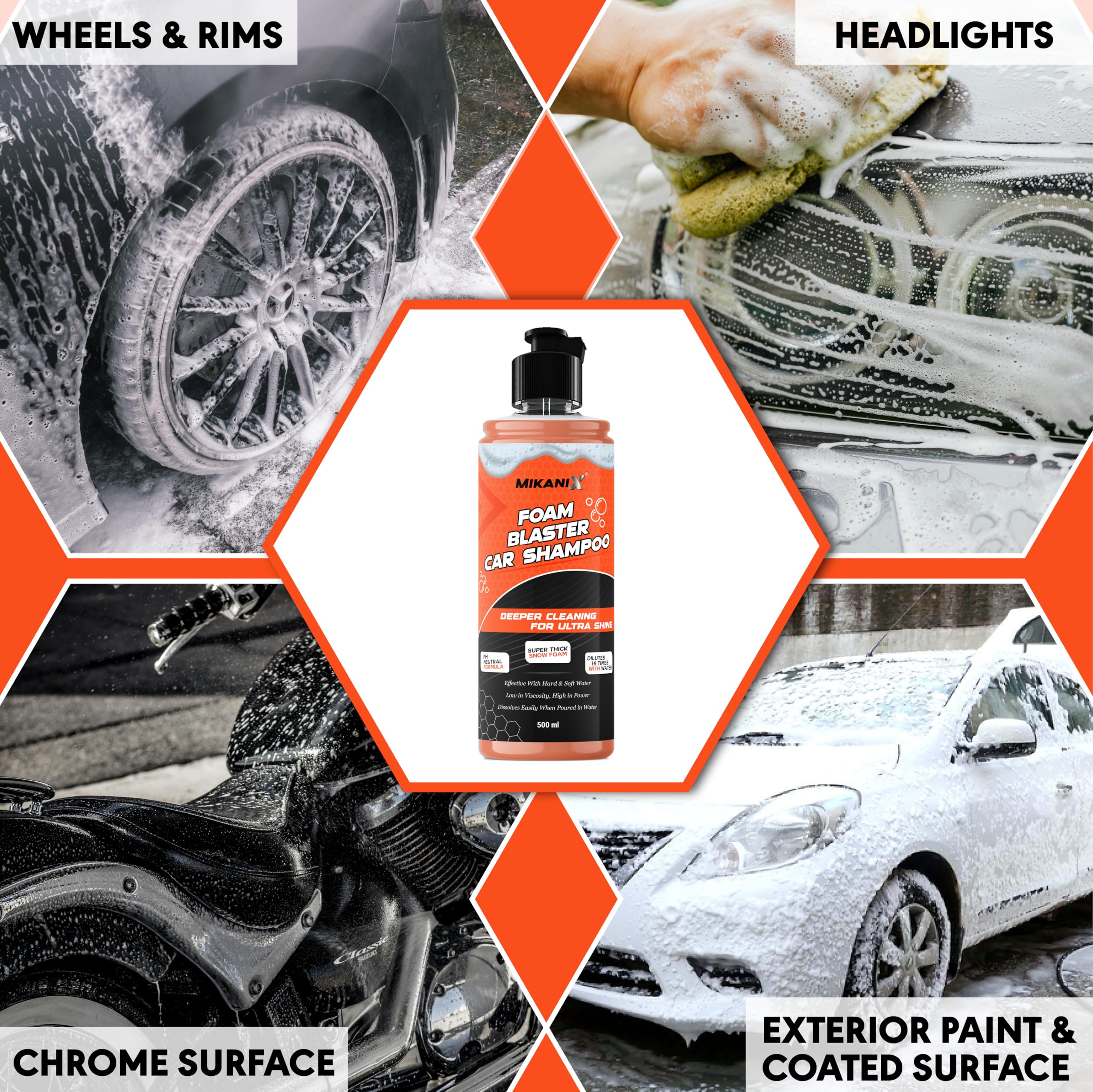 MIKANIX Foam Blaster Car Wash Shampoo | Concentrate Formula With Thick Foam to Remove Dirt & Grime for Car & Bike Exterior Cleaning | pH Neutral | 500 ML | Pack of 1