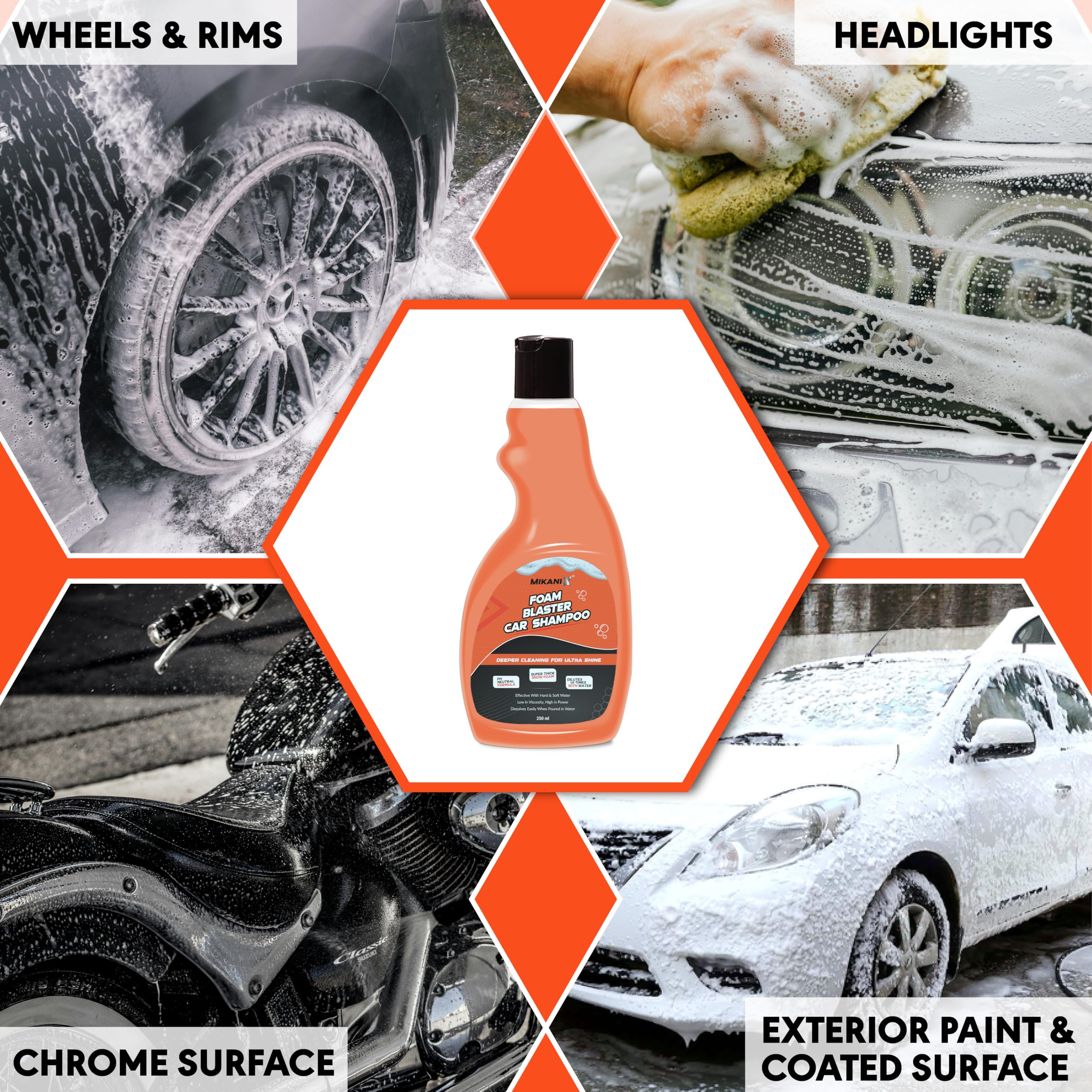 ‎OBEROI'S TRADERS Microfiber Cloth Wash Mitt Glove & Foam Blaster Car Wash Shampoo Combo | Concentrate Form With Thick Foam to Remove Dirt & Grime For Car & Bike Exterior Cleaning (Pack of 2)