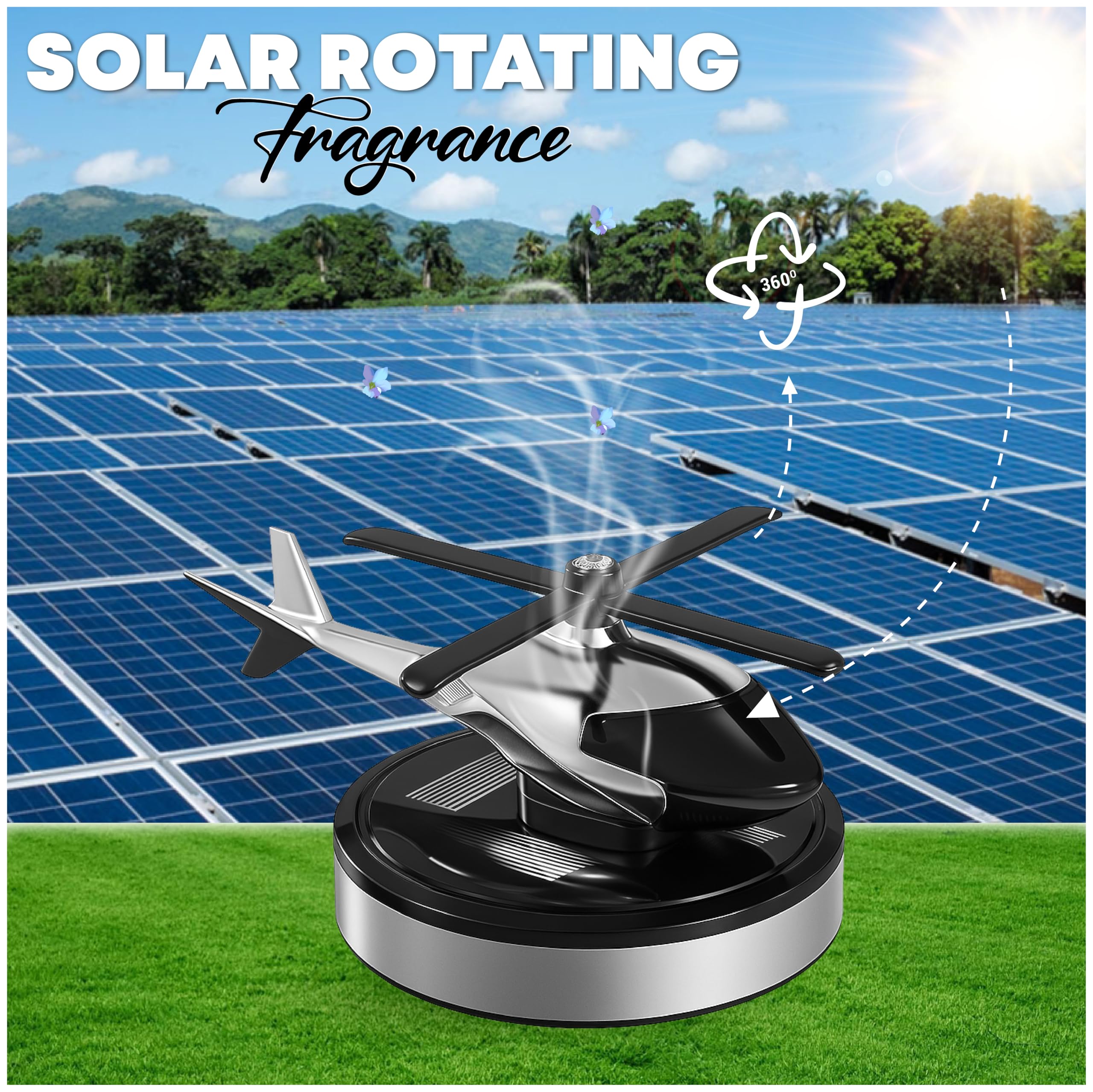 OBEROI’S TRADERS 6 MONTHS WARRANTY Solar Energy Rotating Car Dashboard Air Freshener, Helicopter Design, Auto Rotaiting Fan With Perfume liquid For Car Interior & Home Air Freshener