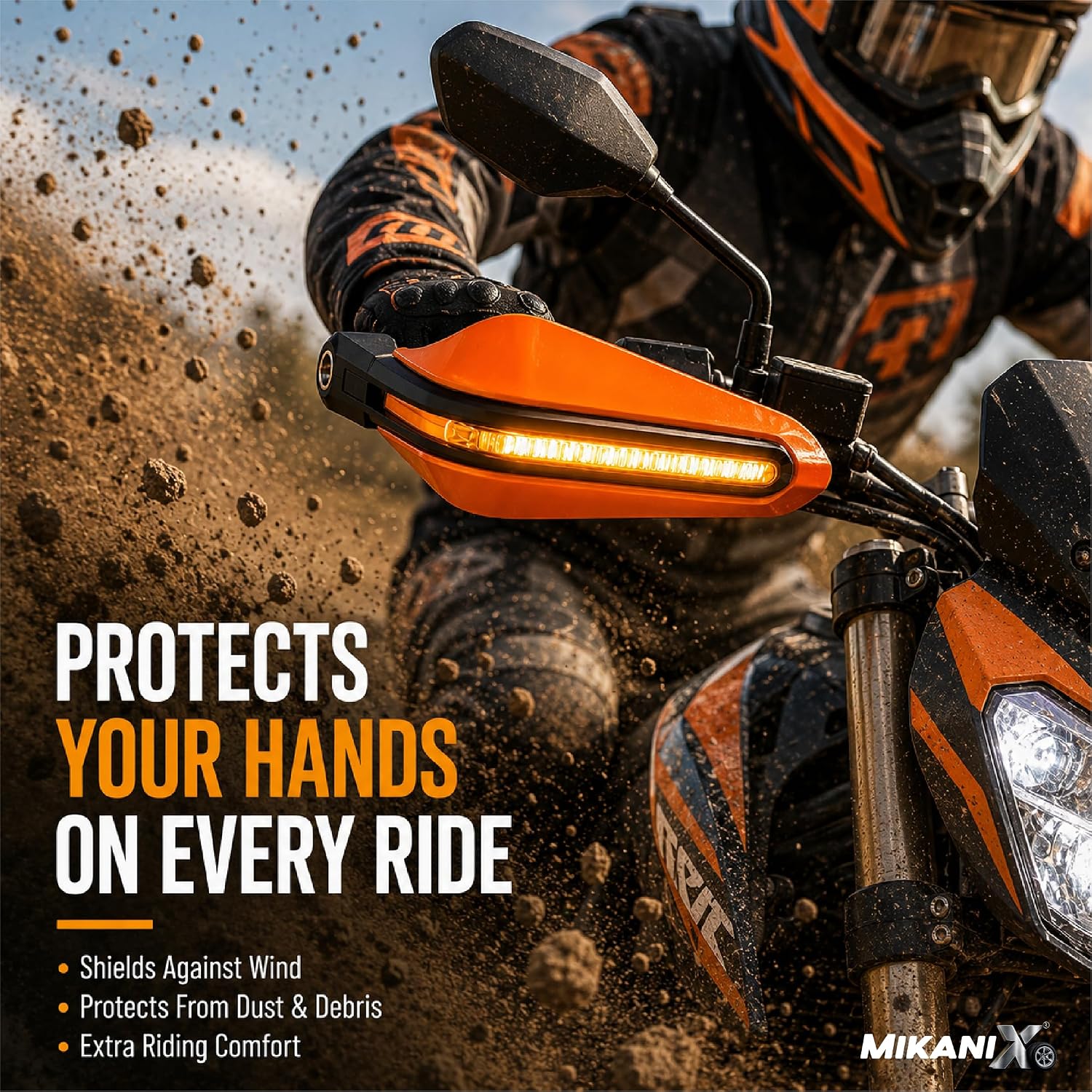 MIKANIX Universal Motorcycle Hand Guard with DRL LED Light | Brake & Clutch Lever Protector | Wind Deflector Hand Guard for All Bikes & Motorcycles