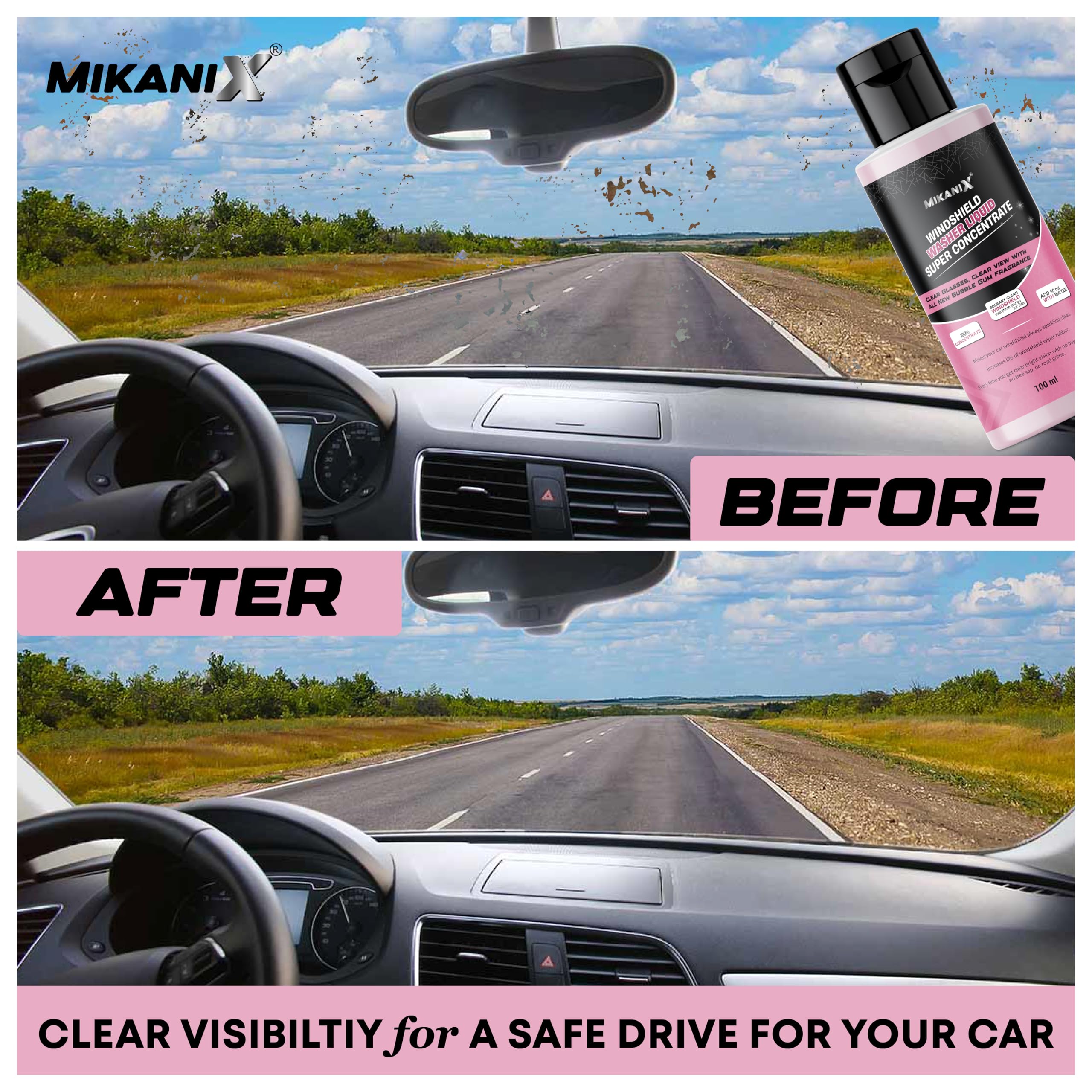 MIKANIX Windshield Washer Fluid For Car | Car Glass & Wiper Cleaner Liquid | Concentrate Form | To Remove Dirt, Grime and Bugs | Improve Visibility | Antifreeze Protection