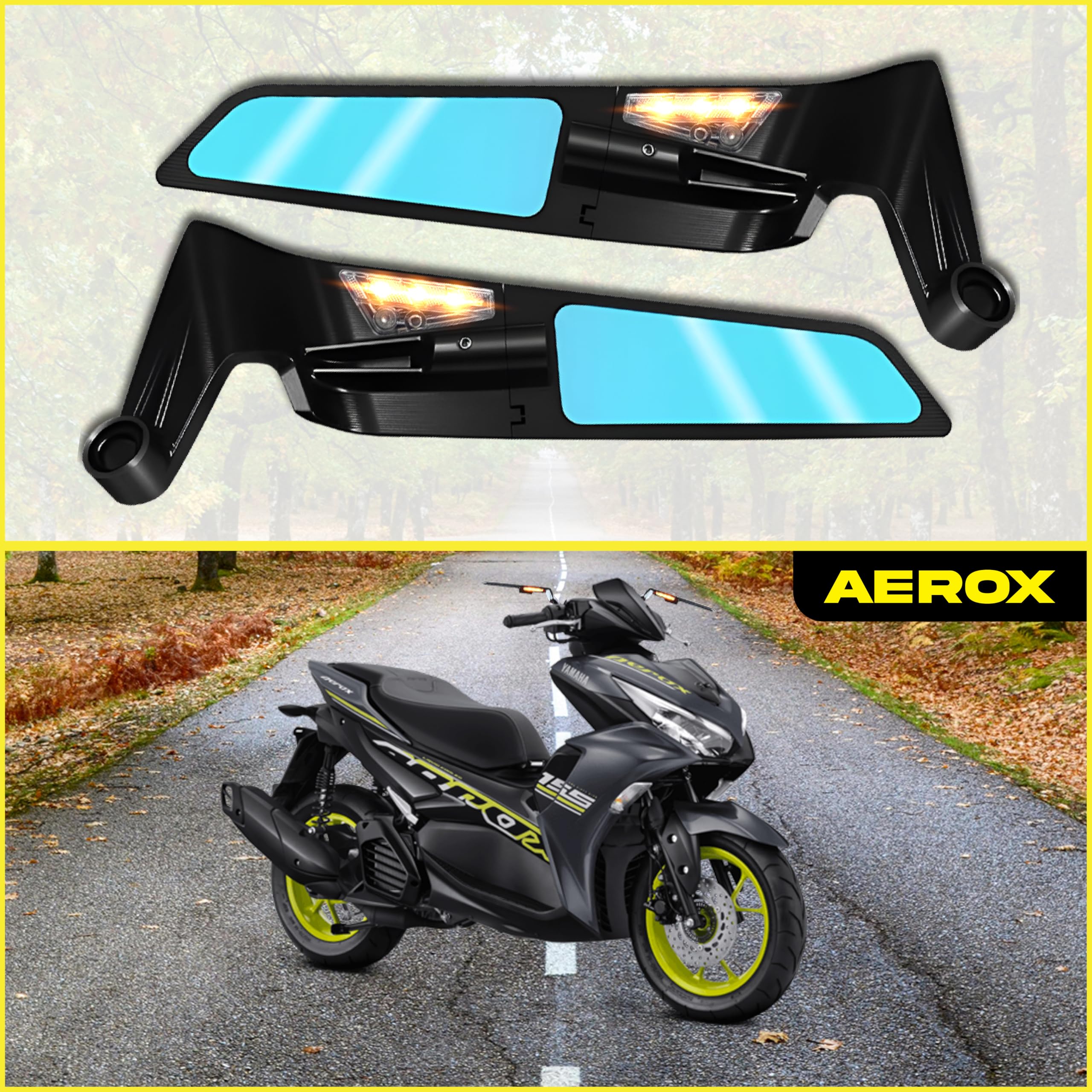 MIKANIX Scooty Rear View Side Handle Bar York Nut Fitting Mirror | LED Stealth Convex Glass Mirror For Yamaha AEROX 155cc