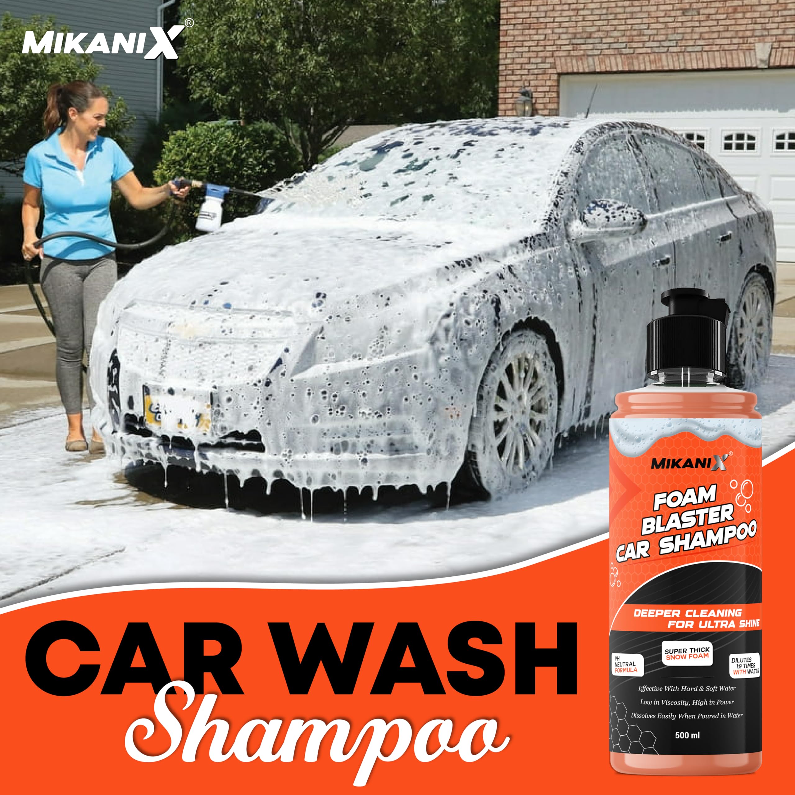 MIKANIX Foam Blaster Car Wash Shampoo | Concentrate Formula With Thick Foam to Remove Dirt & Grime for Car & Bike Exterior Cleaning | pH Neutral | 500 ML | Pack of 1