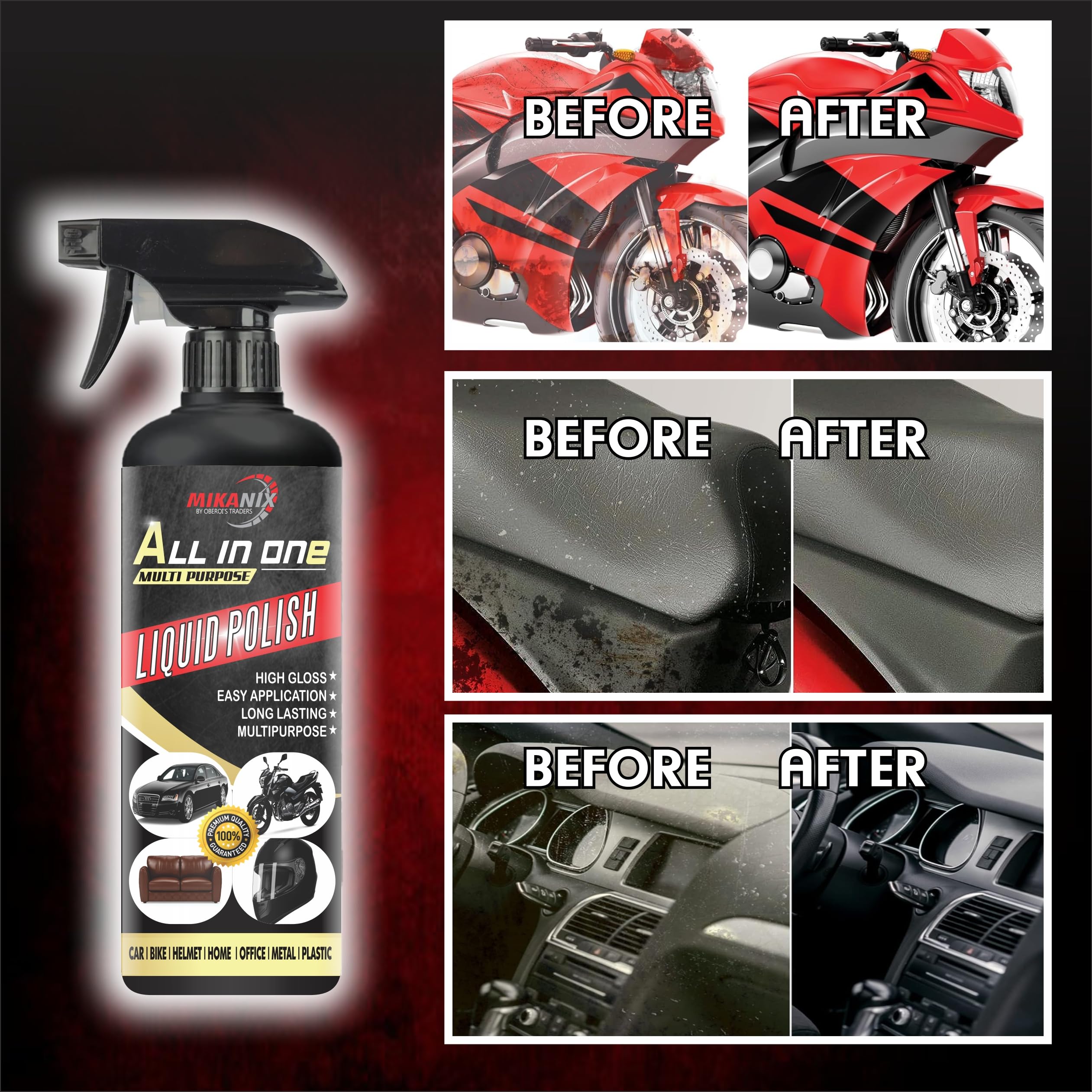 OBEROI'S TRADERS Combo of Chain Lubricant + Chain Cleaner + Bike & Car Polish With Cleaning Brush Cleans | Shines & Protects Chain | Car Dashboard Interior & Exterior Cleaning (1500 ml)