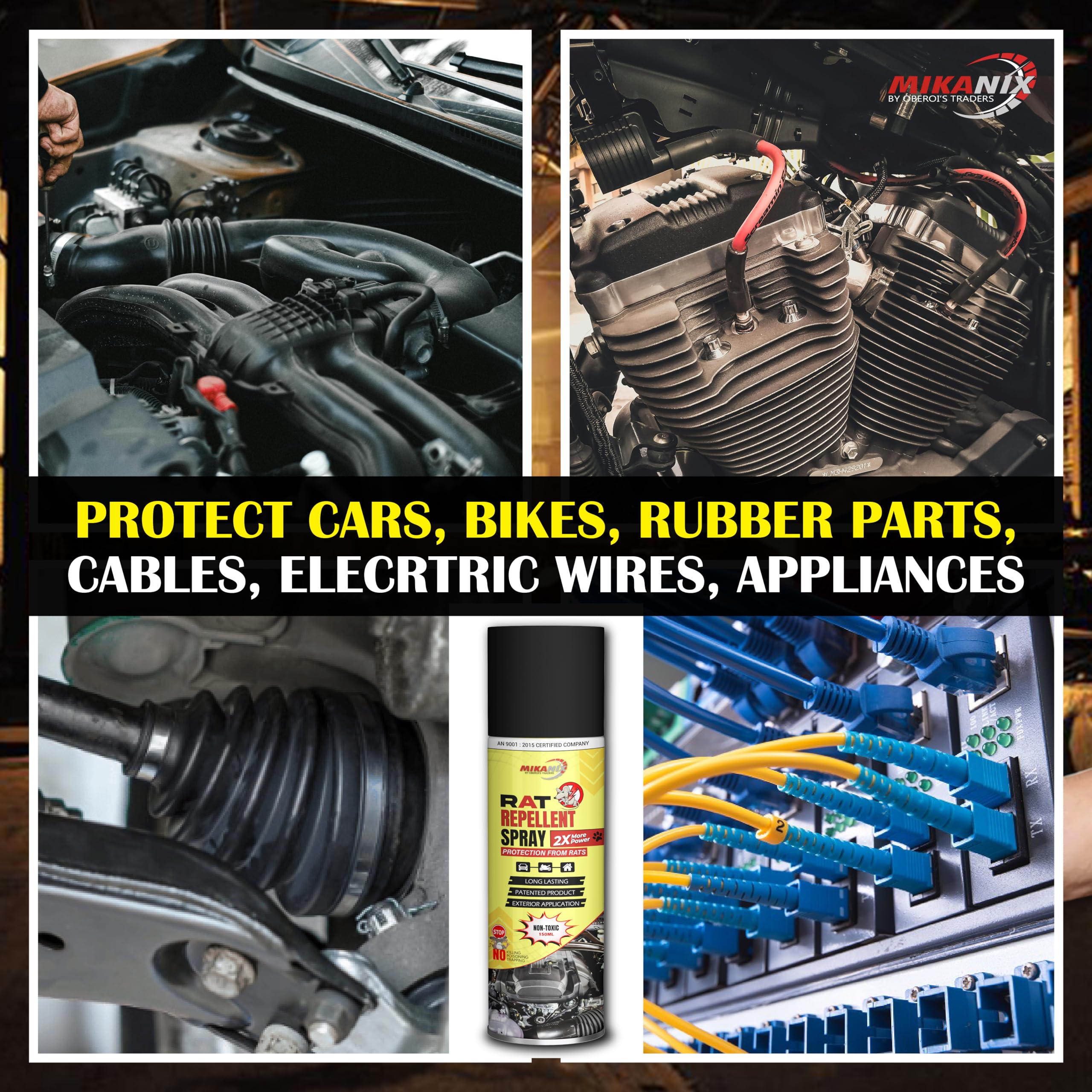 MIKANIX Rat Repellent Spray | Rodent Repellent For Home, Bike & Car | Protects Wires in Car, Bike and Home | For Storage Room | Engine Wiring & Home Wiring Protection (150 ML)