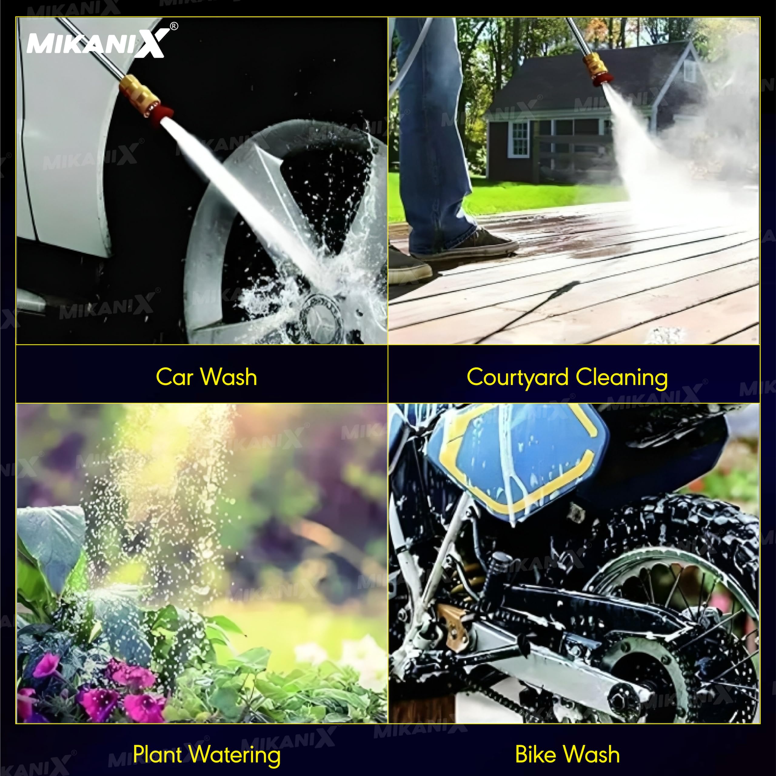 Mikanix 6 Months Warranty Cordless High Pressure Spray Washer Machine Gun for Car & Bike Washing with Adjustable 3 in 1 Nozzle, 5M Hose Pipe, Rechargeable Dual 12000 mAh Battery