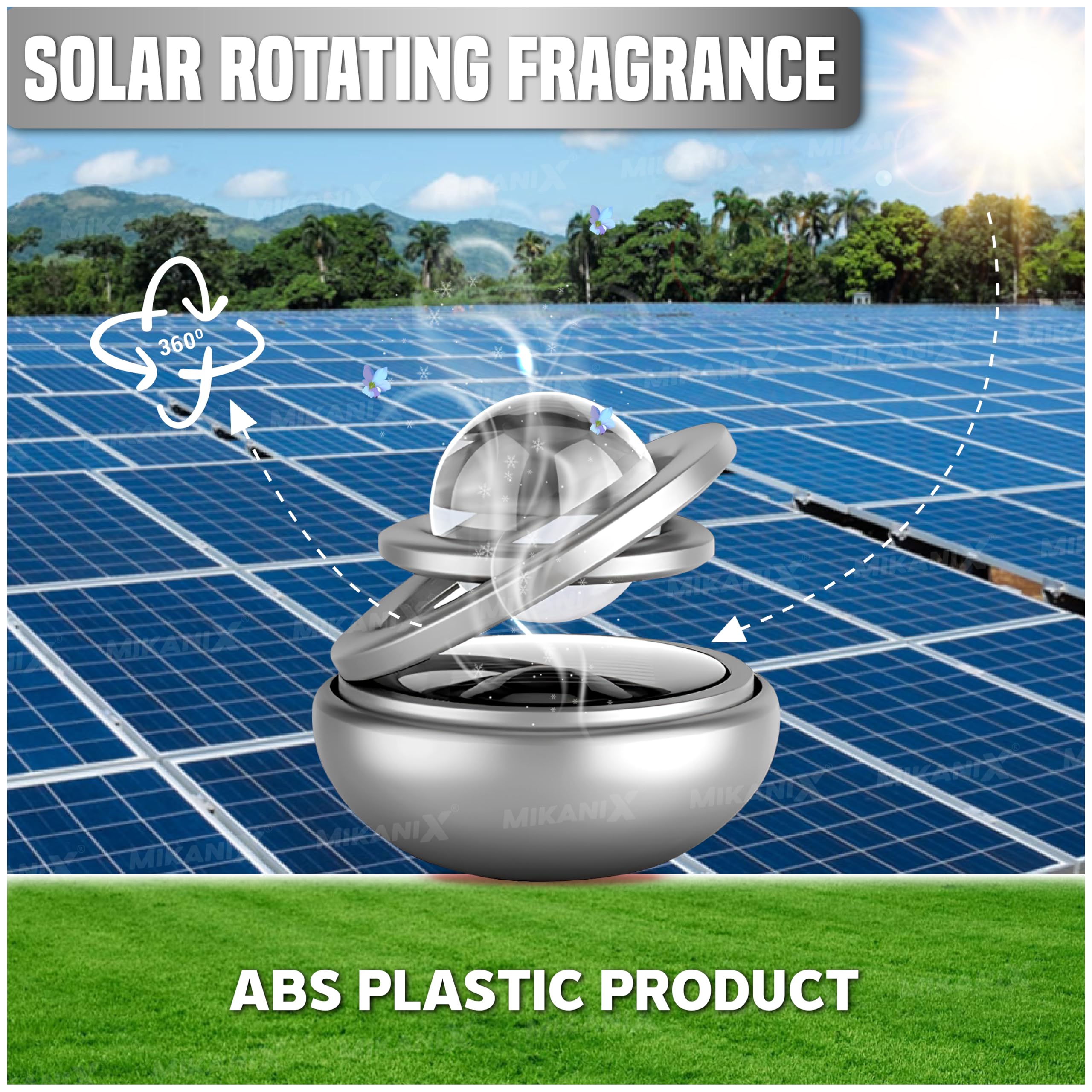 Mikanix Solar Energy Rotating Car Dashboard Air Freshener/Perfume Diffuser/Dispenser|Alloy Body & Crystal Design With Perfume Liquid For Car Interior & Home Air Freshener (Silver), Pack Of 1