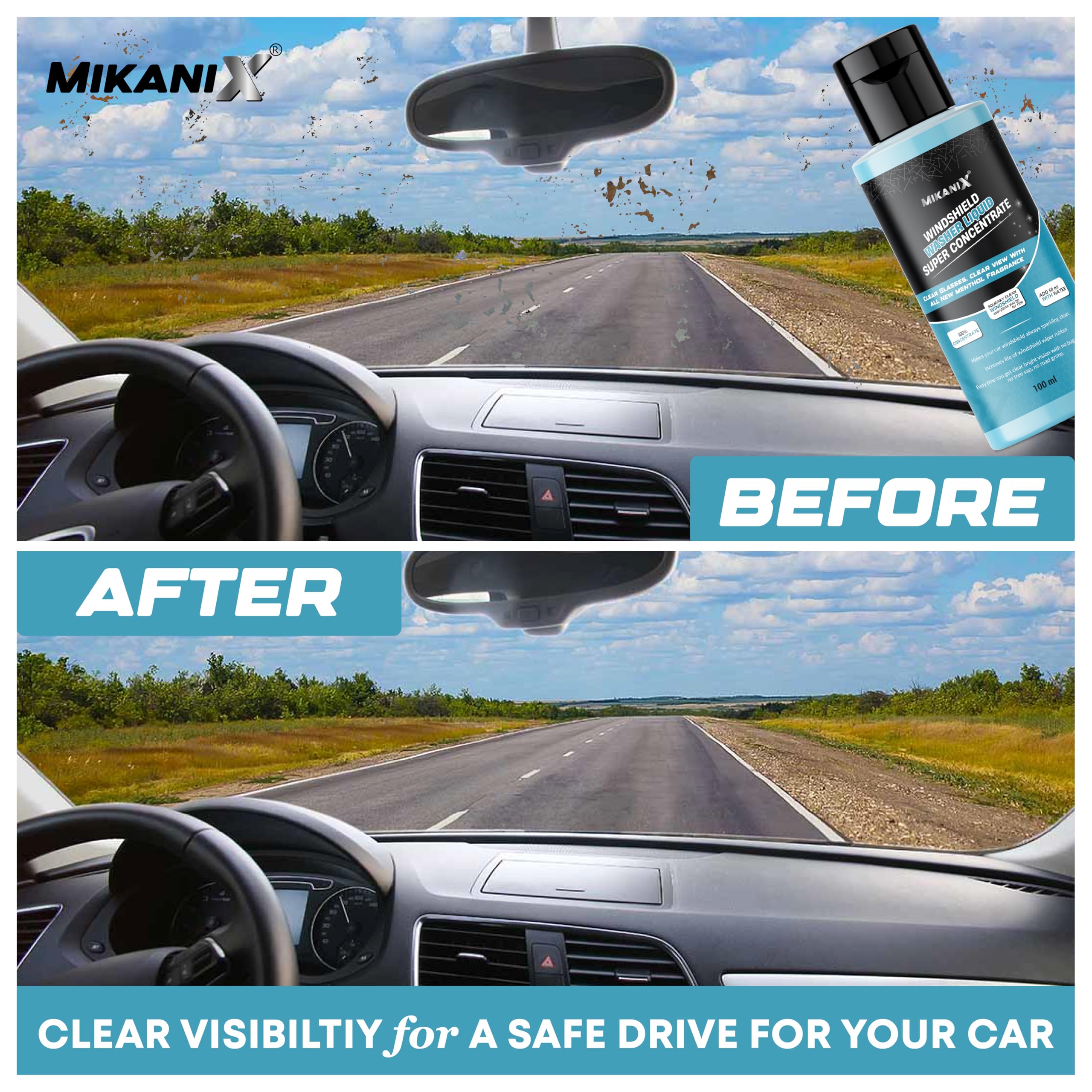 MIKANIX Windshield Washer Fluid For Car | Car Glass & Wiper Cleaner Liquid | Concentrate Form | To Remove Dirt, Grime and Bugs | Improve Visibility | Antifreeze Protection