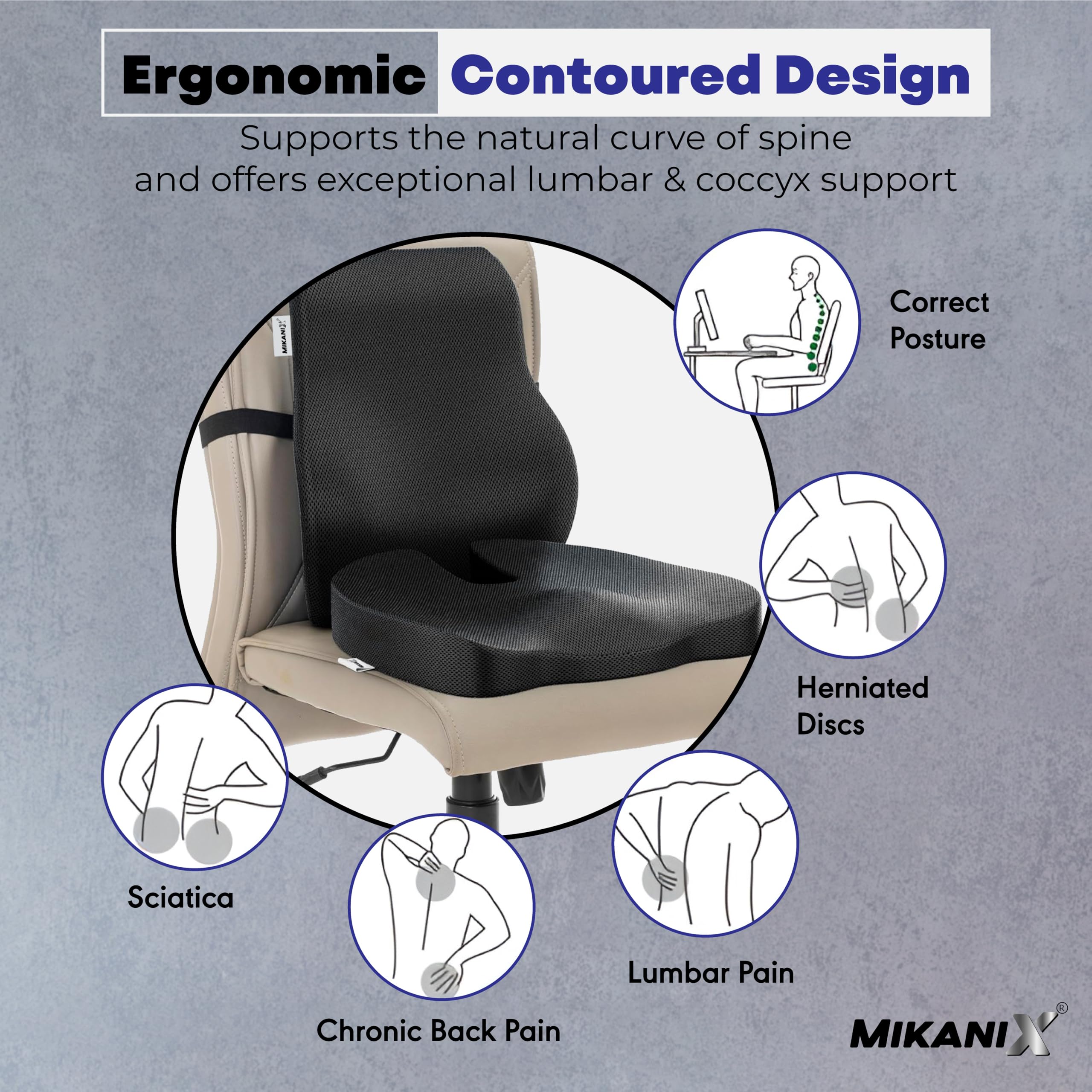 OBEROI'S TRADERS Back Lumbar Support & Orthopedic Coccyx Seat Cushion Combo with Memory Foam for Car Seat, Office & Home Chair to Relief Back, Sciatica & Hip Pain and Posture Correction