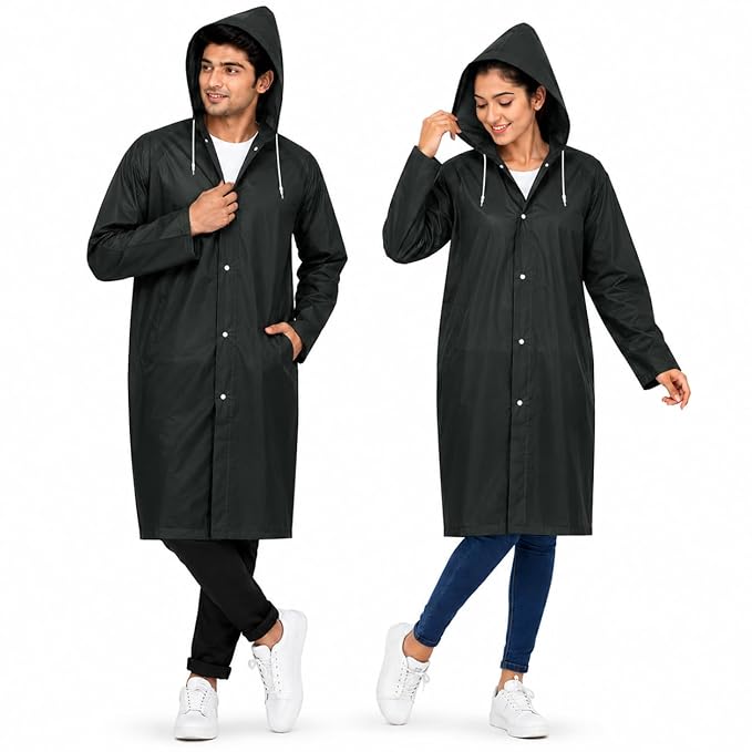 MIKANIX Waterproof Hooded Raincoat for Men & Women | Full Length Reusable PVC Rain Wear | Lightweight Windproof Rain Jacket with Front Button Closure & Pockets